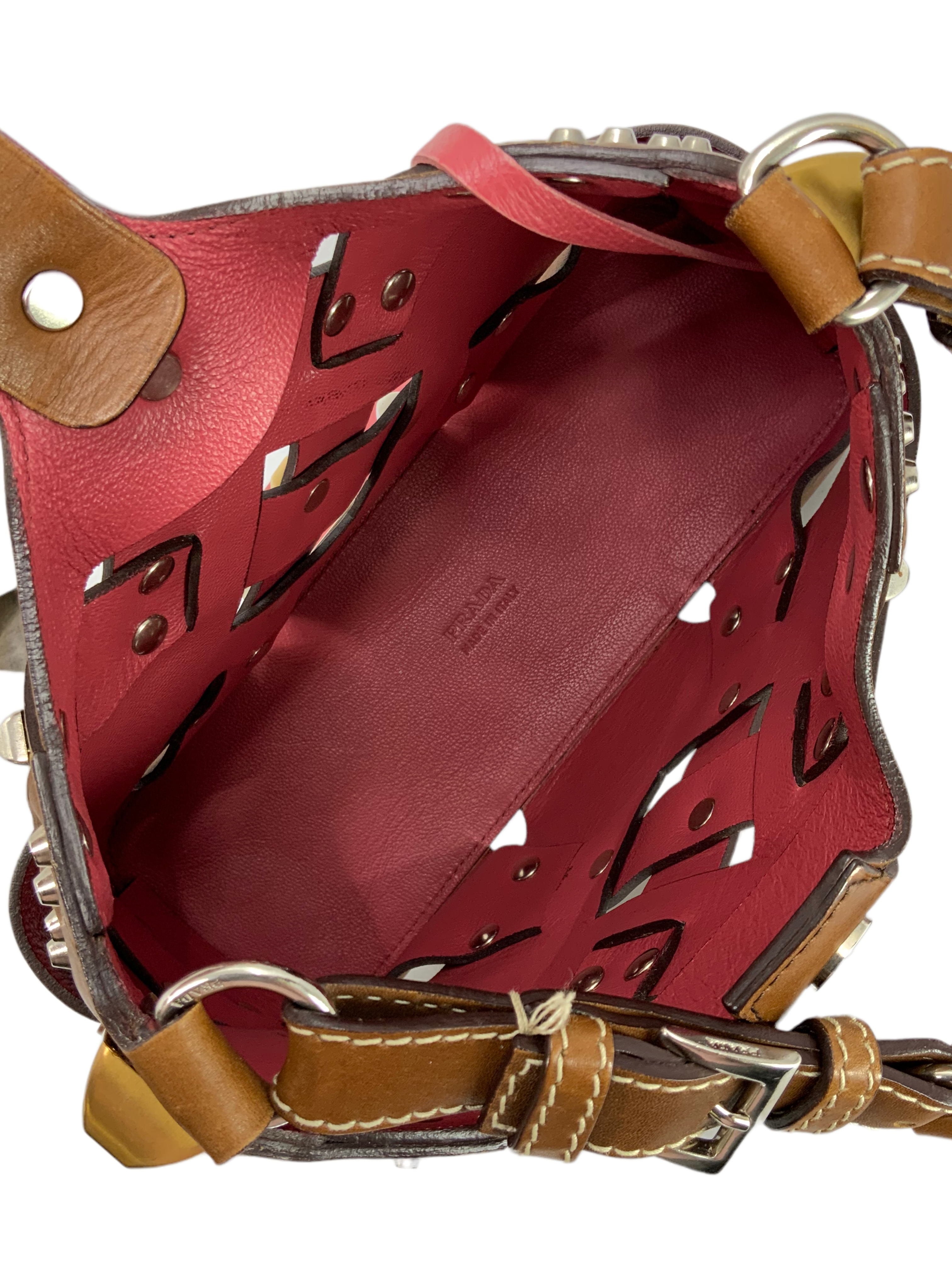 Prada Leather Woven Studded Lattice Shoulder Bag for Women | Luxury Designer Crossbody Purse | Perfect for Work, Party & Evening Events