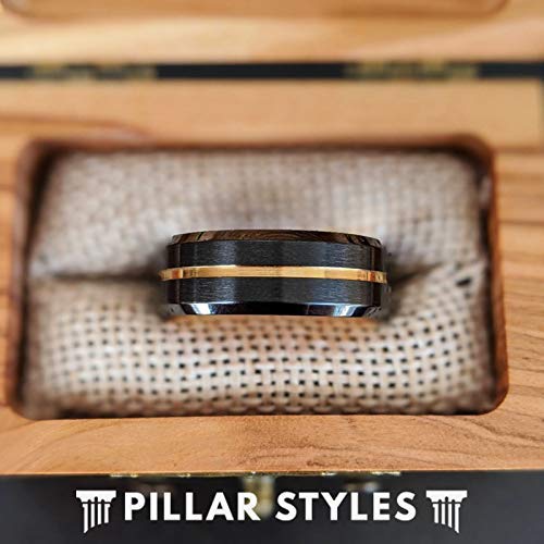 14K Yellow Gold & Black Tungsten Wedding Band for Men - 8mm Comfort Fit Ring with Beveled Edges & Golden Groove - Unique Anniversary Gift for Him (Perfect for Weddings, Engagements & Special Occasions)