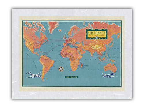 Vintage 1956 French Airline Travel Poster - World Route Map Featuring Vickers Viscount & Super Constellation - Premium Unryu Rice Paper Art Print 12x16 Inch - Perfect for Aviation Enthusiasts, Home Decor & Office Wall Art