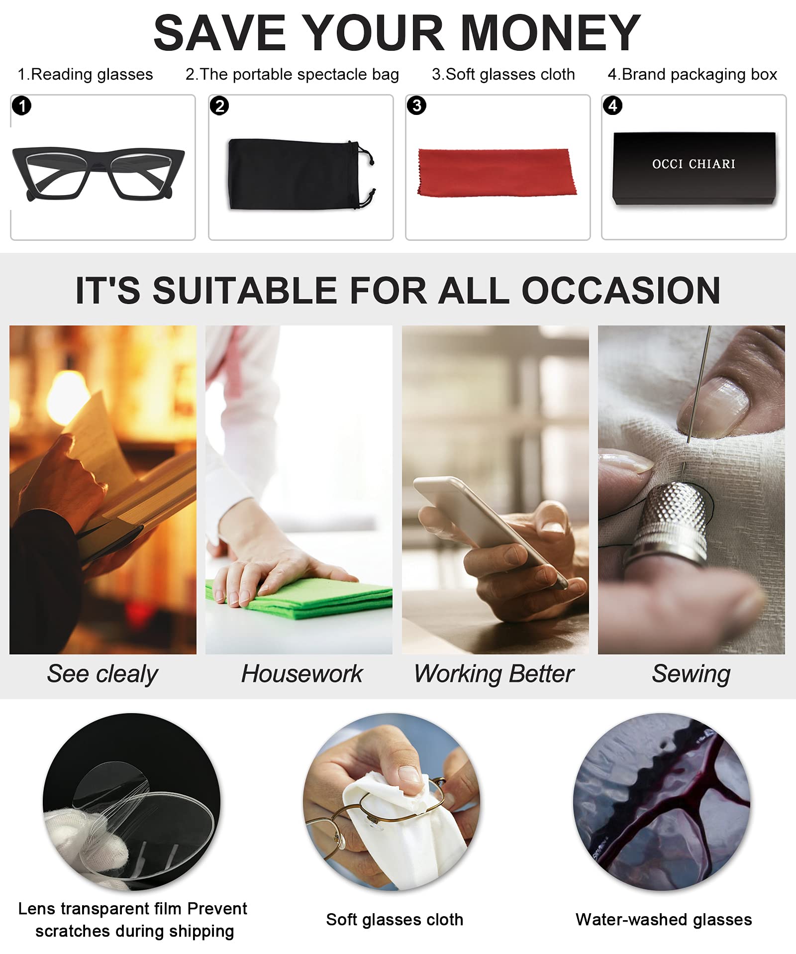 OCCI CHIARI Women's Cat Eye Reading Glasses - Wide Frame Spring Hinge Readers (+1.0 to +3.5) for Reading, Computer Work & Fashion Accessories