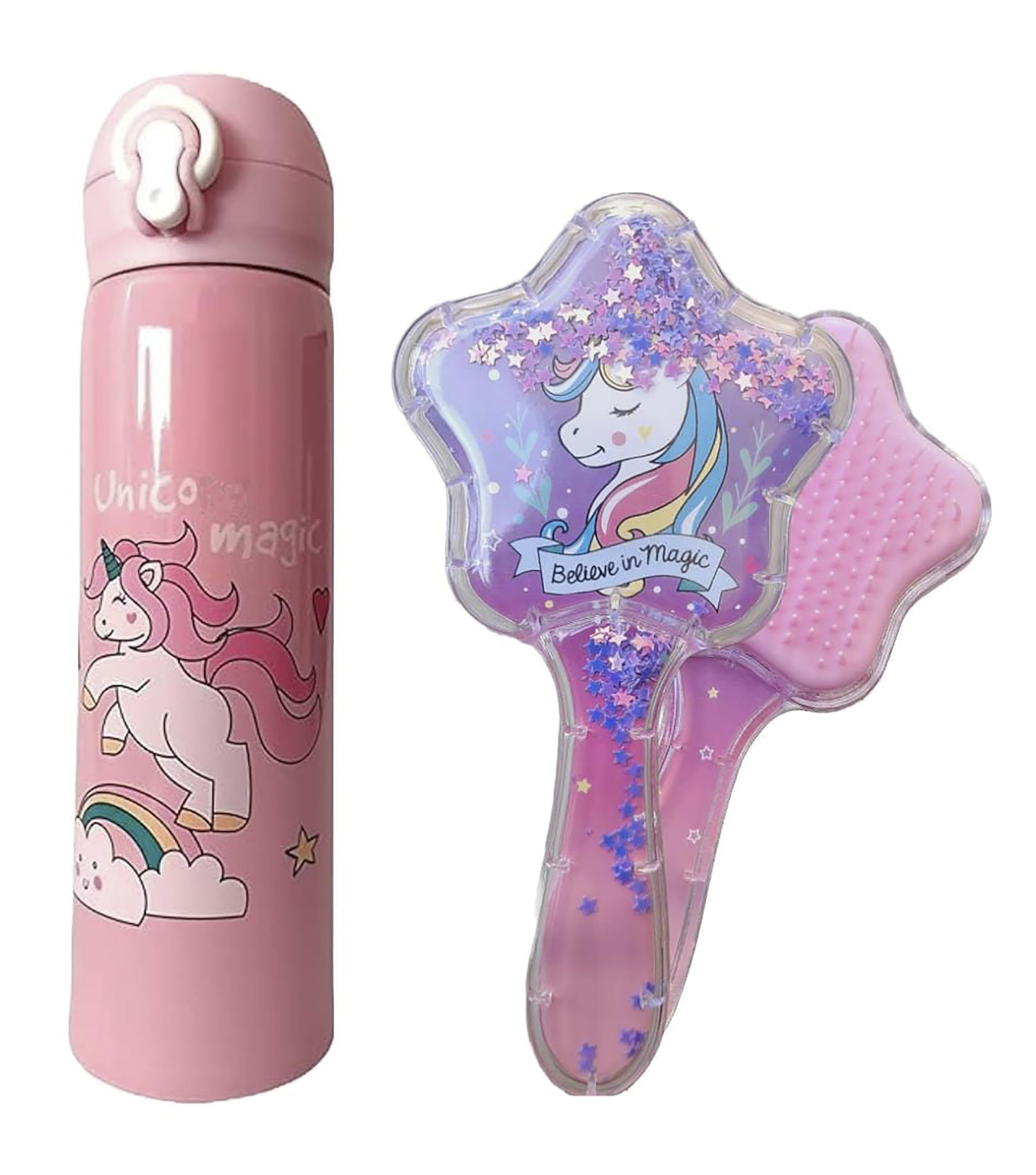 Unicarn 2-in-1 Kids Water Bottle & Hair Brush Set - 500ml Vacuum Insulated Flask with Cute Girl Hairbrush | Perfect for School, Travel & Outdoor Activities