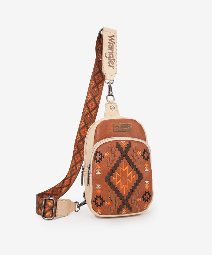 Wrangler Aztec Embroidered Whipstitch Sling Bag - Stylish Crossbody Purse for Women, Men | Perfect for Travel, Hiking & Everyday Use