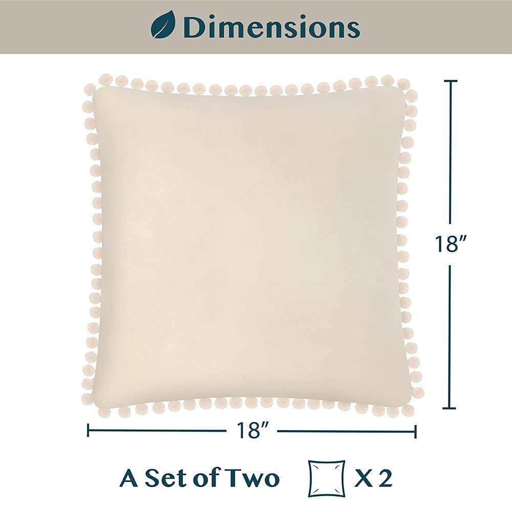 PAVILIA 18x18 Inch Cream Beige Velvet Throw Pillow Covers Set of 2 - Soft Plush Euro Square Decorative Cushion Cases with Pom Pom Trim for Sofa, Couch, Bed & Living Room - Cozy Home Decor & Aesthetic Bedroom Accent