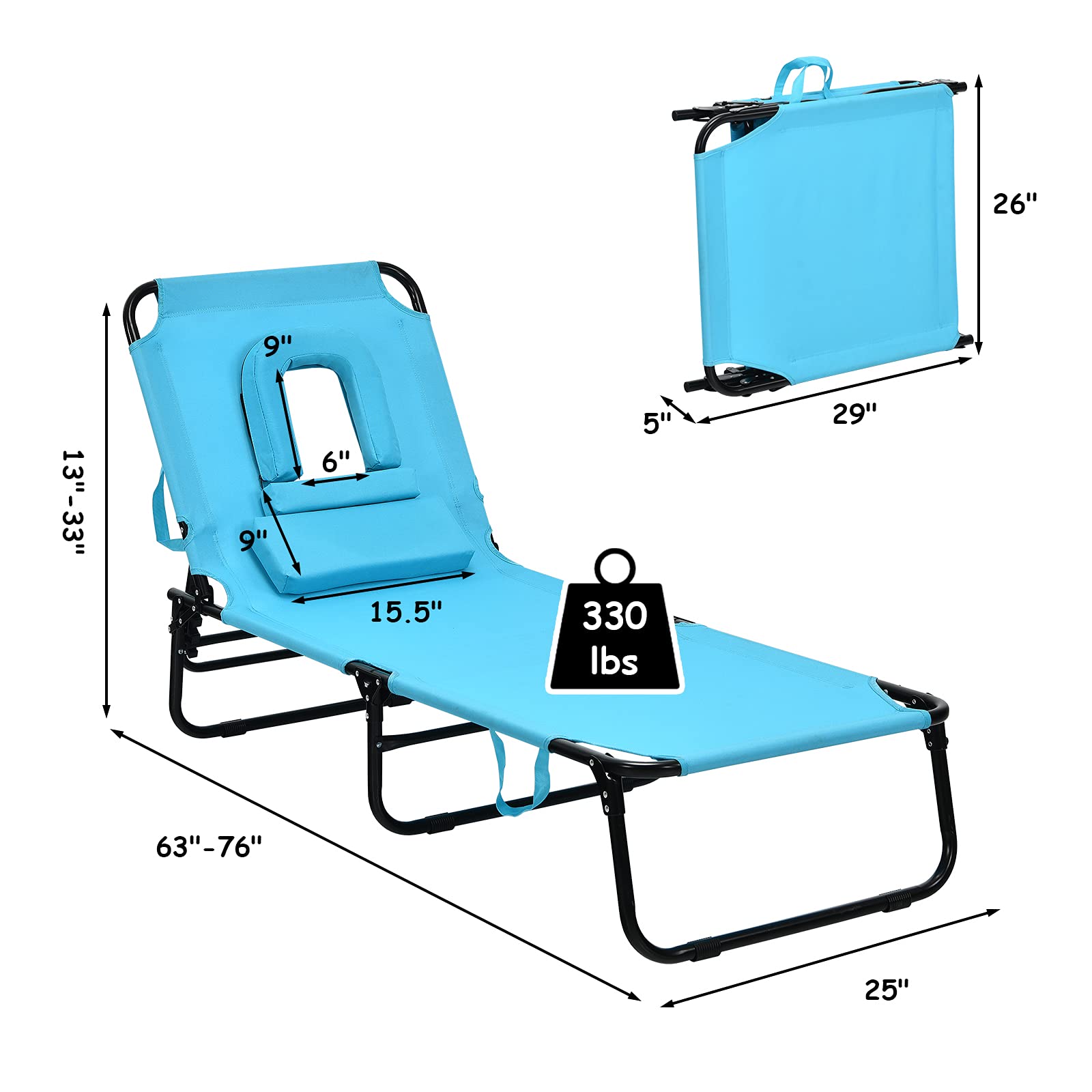 GYMAX Adjustable Folding Beach Lounge Chair - Reclining Sunbathing Chair with Face Hole for Patio, Poolside & Backyard Relaxation | Portable Outdoor Chaise Lounge for Vacation, Camping & Beach Days