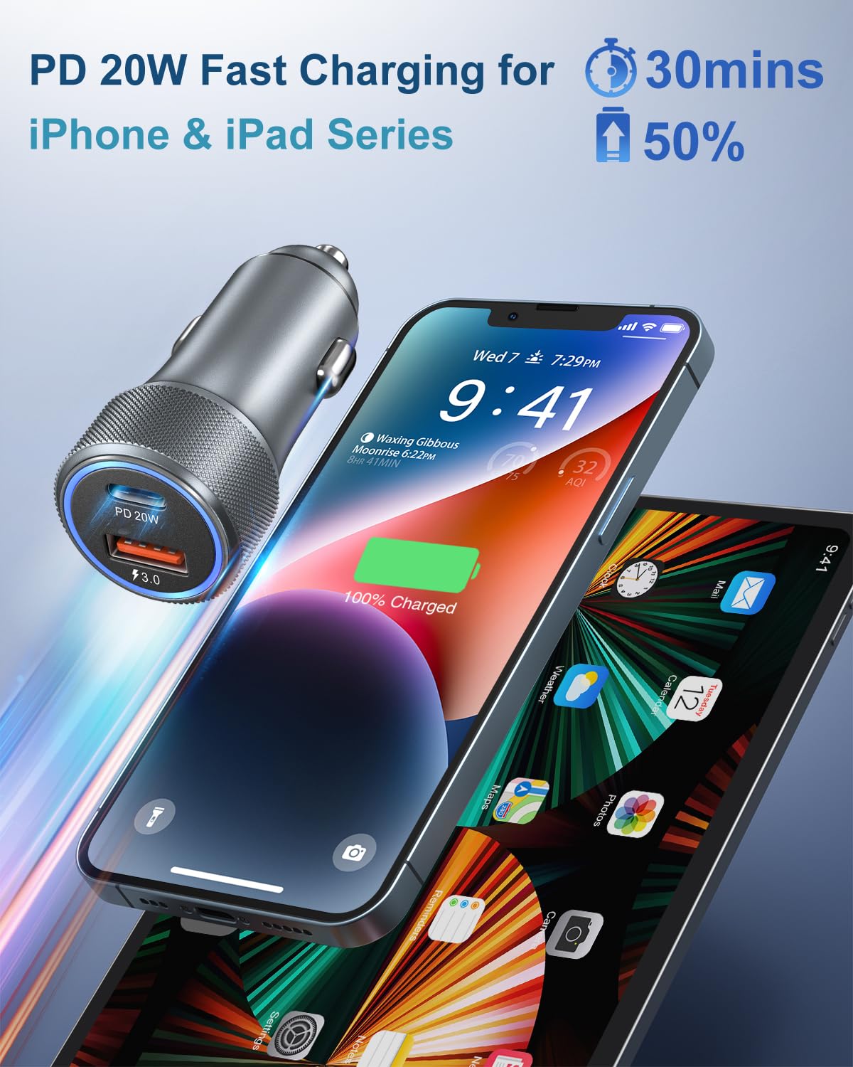 OKRAY 36W Fast Car Charger 3-Pack - Dual USB C PD3.0 & QC3.0 Ports for iPhone 16/15/14/13/12 Pro, Samsung Galaxy S24/Note20 - Grey | Fast Charging Adapter for Road Trips & Daily Commute