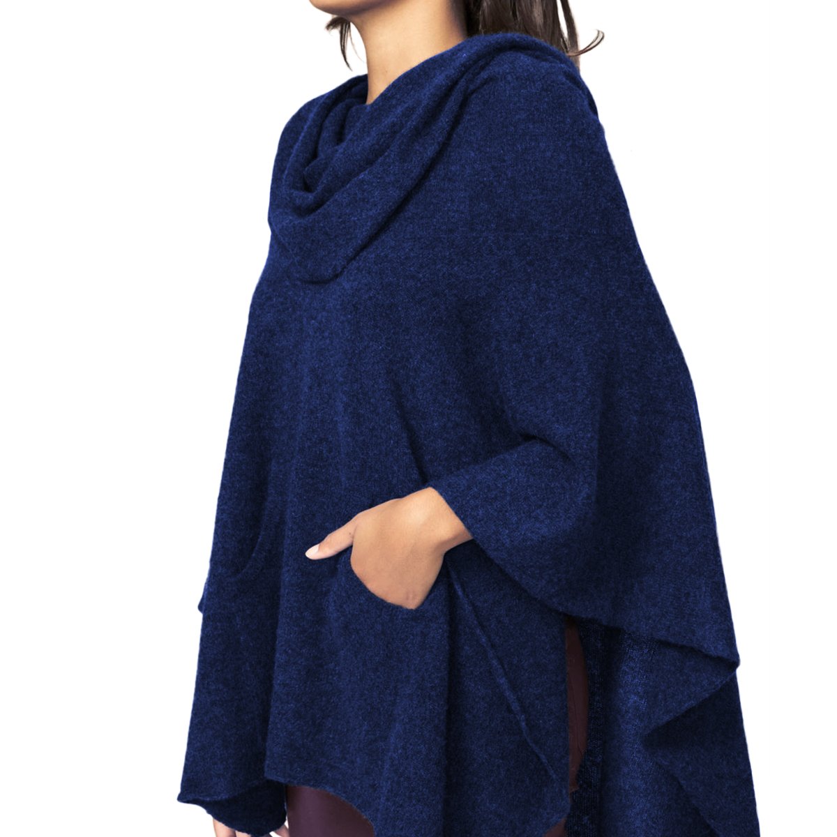 Parisbonbon Women's 100% Cashmere Pockets Poncho - Navy Blue, Size XL - Warm Winter Shawl Wrap for Office, Travel & Outdoor Activities