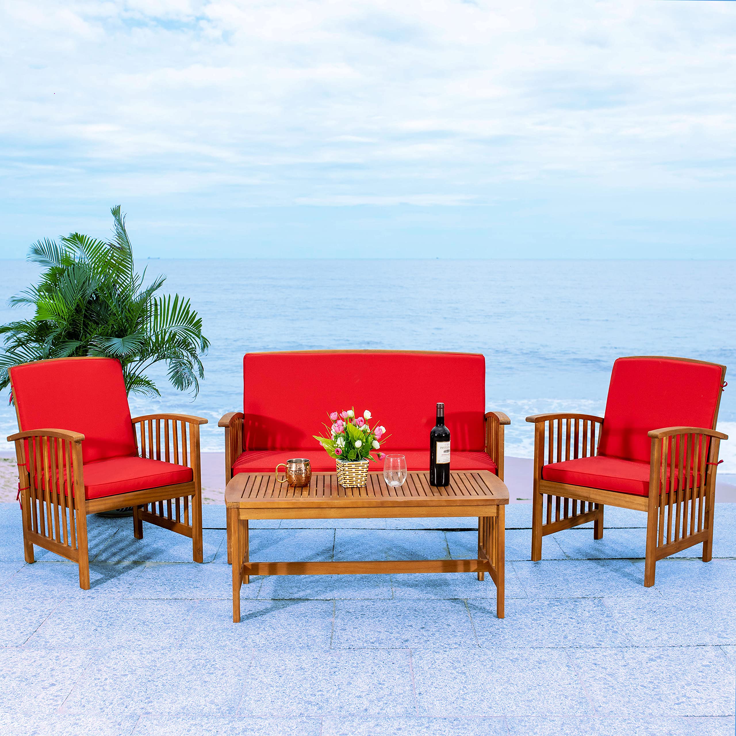 SAFAVIEH Outdoor Collection Rocklin Natural/Red 4-Piece Patio Conversation Set - Water-Resistant Cushions for Garden, Deck, Poolside & Backyard Relaxation