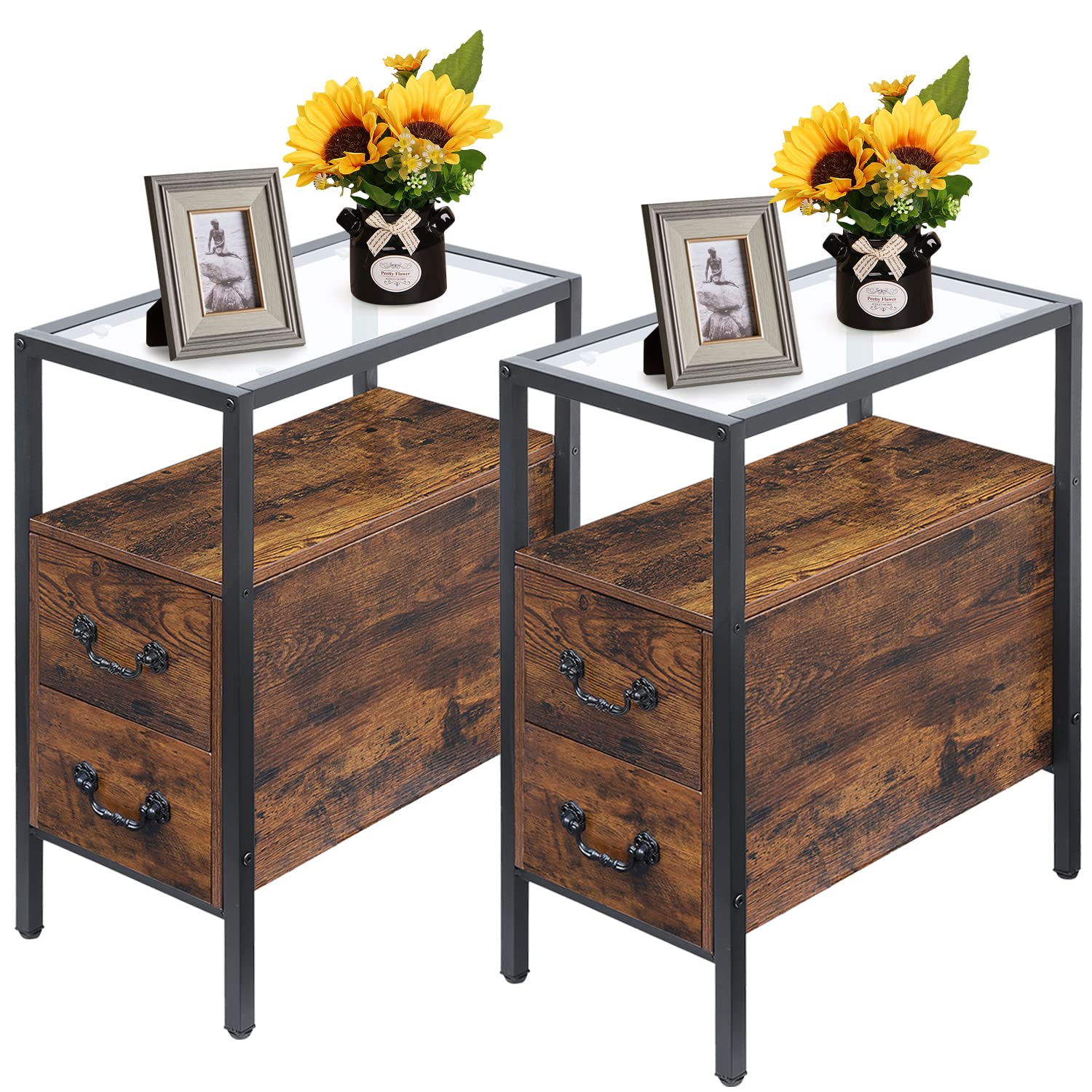 VECELO Industrial Nightstand Set of 2 - Retro Brown Bedside Tables with Glass Top & 2 Drawers for Bedroom, Living Room - Perfect for Small Spaces, Apartment Decor & Guest Room Furniture (Style B)