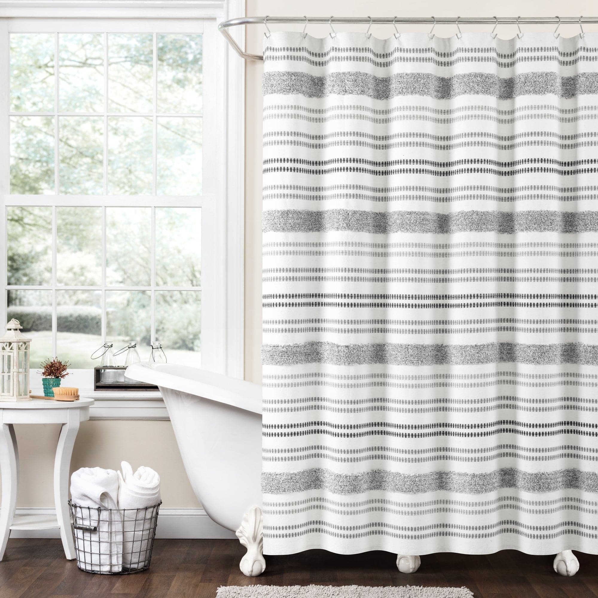 Eco-Friendly Modern Tufted Striped Cotton Blend Shower Curtain - Waterproof Bathroom Decor for Farmhouse & Boho Style Homes