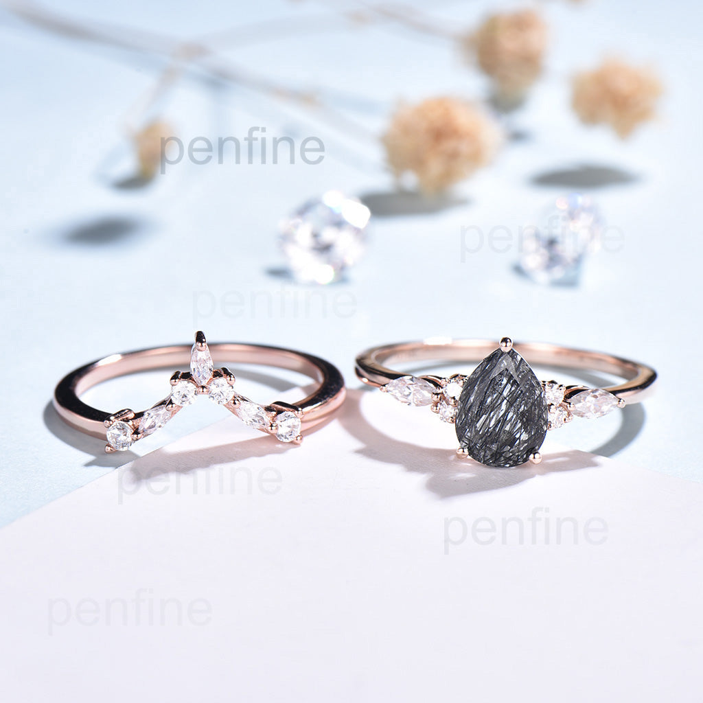 Pear Shaped Black Rutilated Quartz Engagement Ring & Wedding Band Set - Elegant Cluster Design for Proposals, Anniversaries & Bridal Jewelry