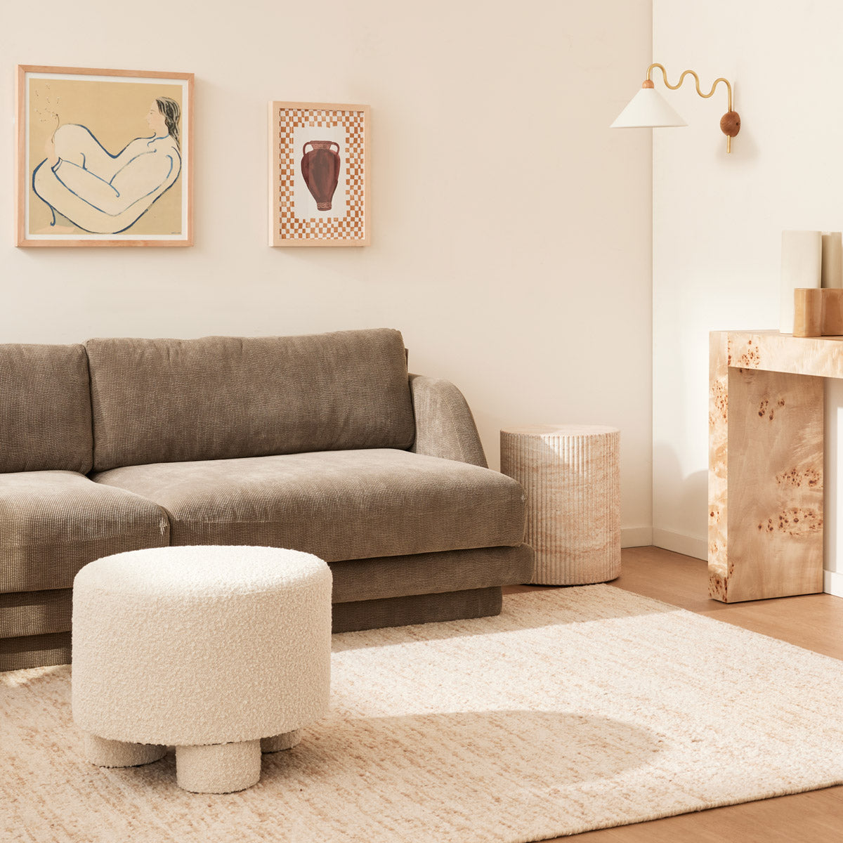 Faith Boucle Ottoman - Modern Round Storage Footrest Stool with Removable Cushion for Living Room, Bedroom & Office - Soft Upholstered Accent Furniture for Home Decor