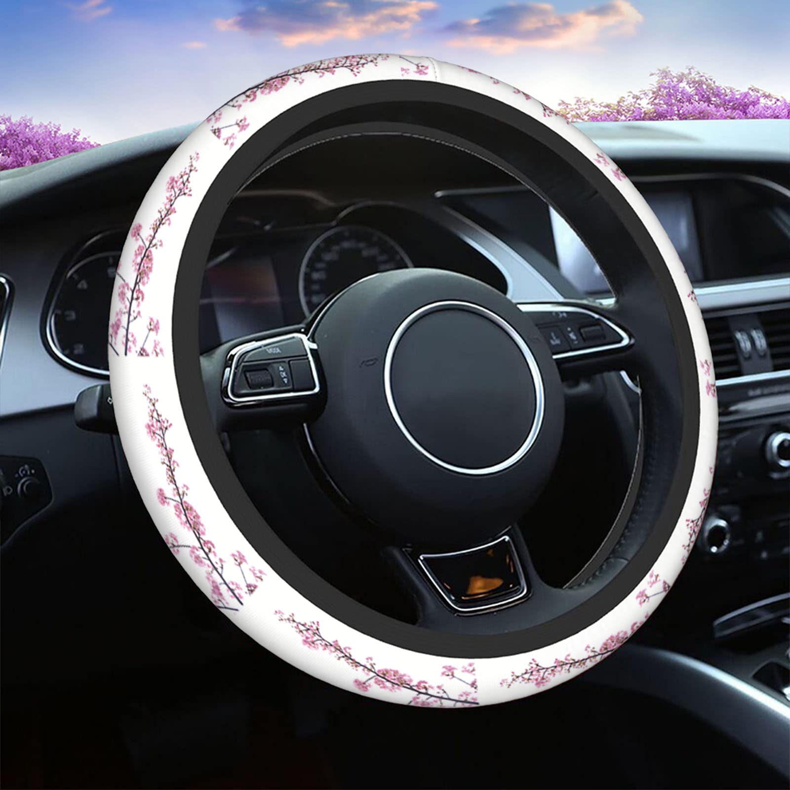 **Swono Cherry Blossom Pink Steering Wheel Cover - Universal 15 Inch Anti-Slip Grip for Women & Men - Beautiful Tokyo Cherry Blossom Design - Perfect for Cars, Trucks & SUVs - Enhances Interior Style & Comfort**