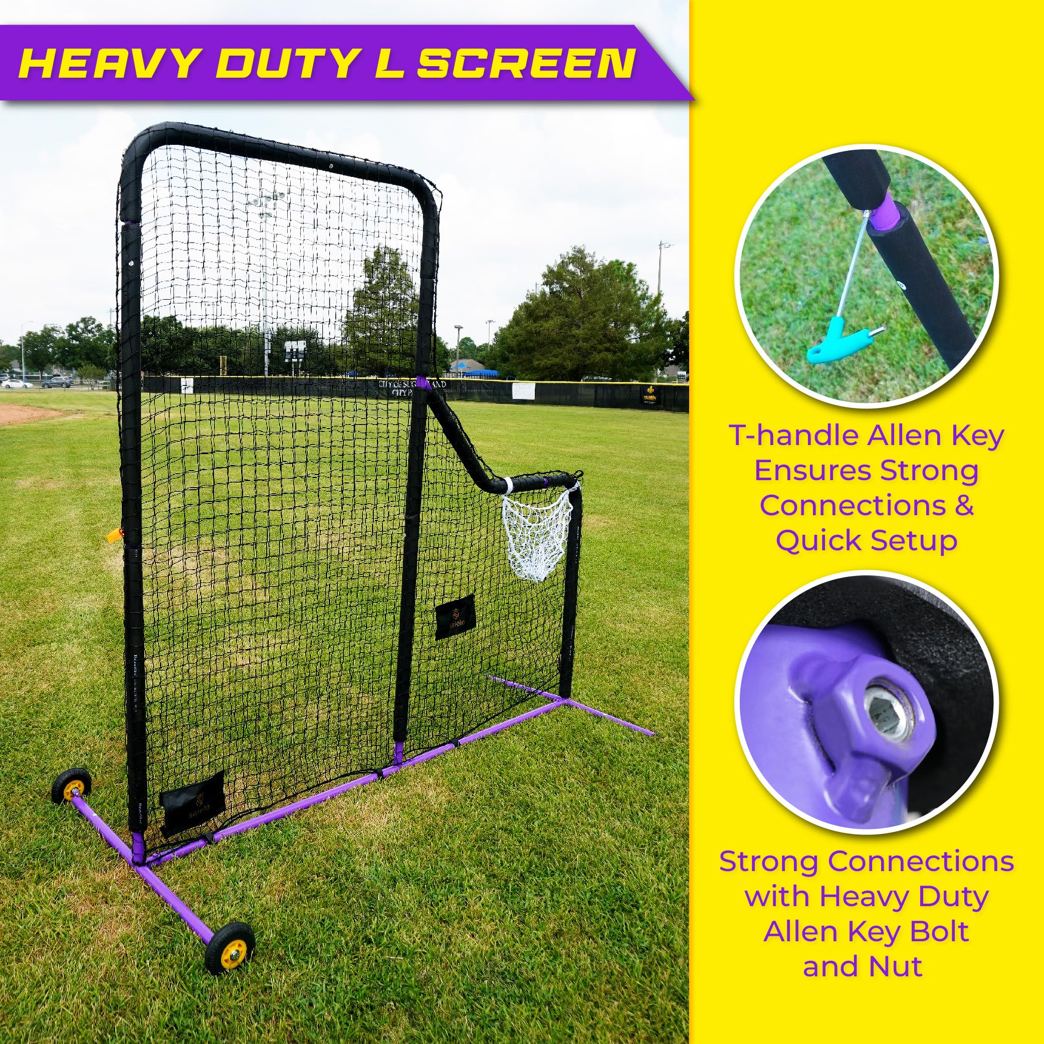 Heavy Duty 7x7 ft Portable Baseball Pitching Net with Wheels & Carry Bag - Easy to Assemble L-Screen for Pitching Practice - Perfect for All Skill Levels (Backyard, Training, Games)