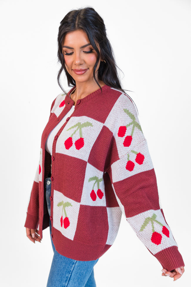 Cherry Much In Love Brick and White Multi Checkered Cardigan - Cozy Knit Sweater for Women | Perfect for Fall, Winter & Casual Outfits