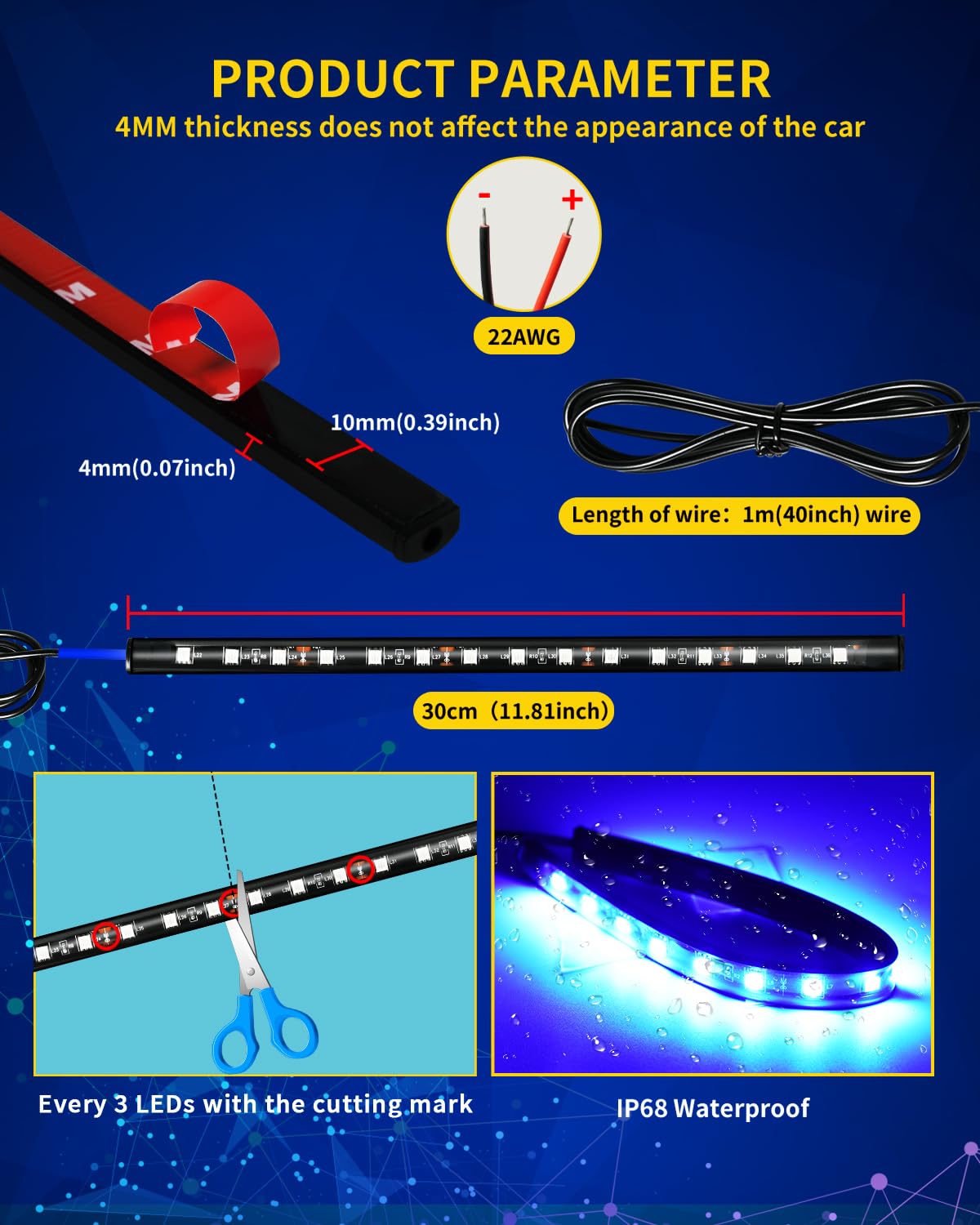 30CM 15 SMD IP67 Waterproof Blue LED Light Strip for Cars, Trucks, Motorcycles, Boats & Golf Carts - 6PCS with 3M Tape - Perfect for Interior Lighting, Underglow Effects & Home Decoration