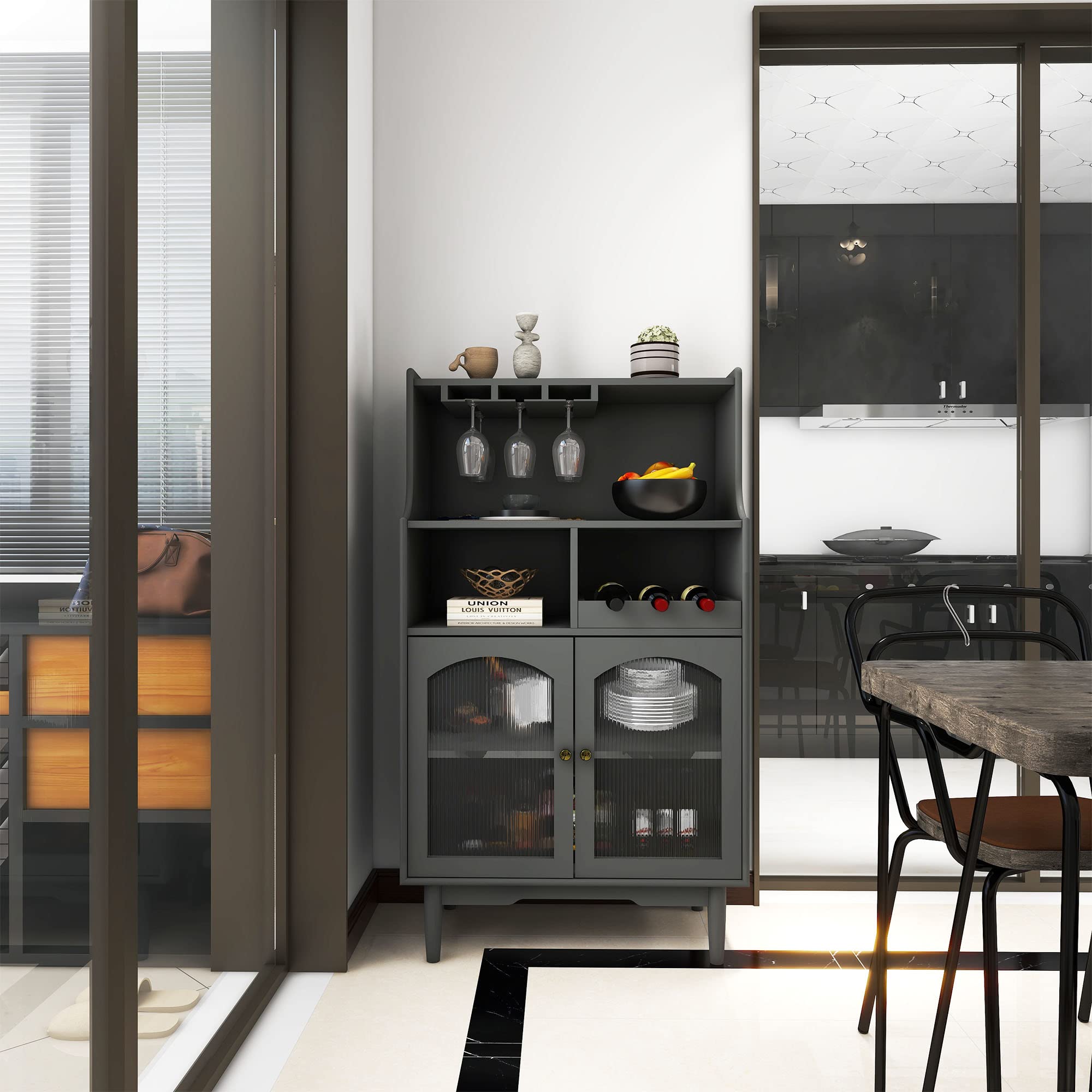 Vintage Style Coffee Bar Cabinet with Glass Doors - Freestanding Liquor Storage with Wine Glass Rack & Bottle Holders - Sideboard Buffet Cabinet for Dining Room (Quiet Grey/Cream Black) - Perfect for Home Bars, Entertaining Guests & Kitchen Organization