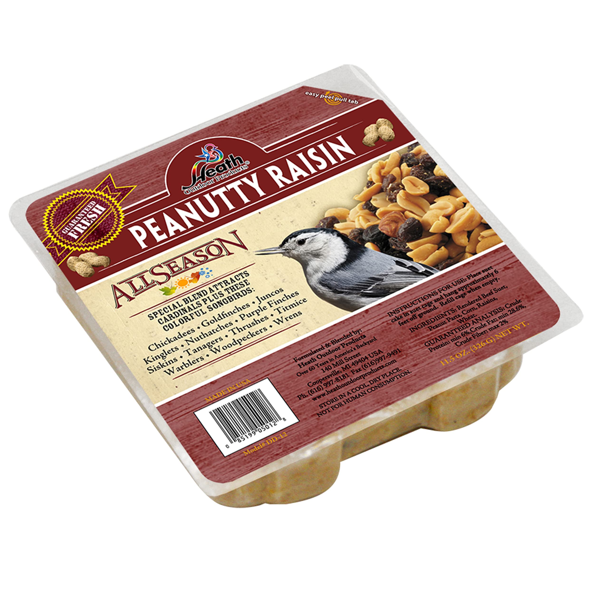 Heath Outdoor Products DD-12 Peanutty Raisin Suet Cake, 11.5 oz, Case of 12, High-Energy Bird Food for Year-Round Feeding