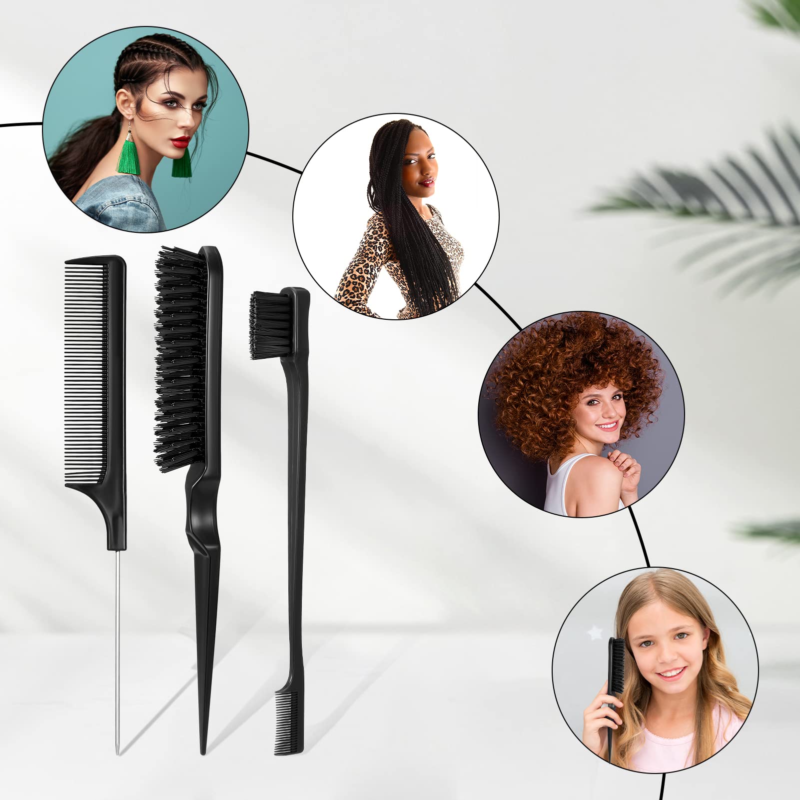 Dacitiery 3-Piece Slick Brush Set - Professional Hair Teasing & Edge Control Brushes, Grooming Combs, Rat Tail Comb & Double-Sided Edge Brush for Women, Babies & Kids (Black) - Perfect for Styling, Detangling & Smoothing Hair at Home or Salon