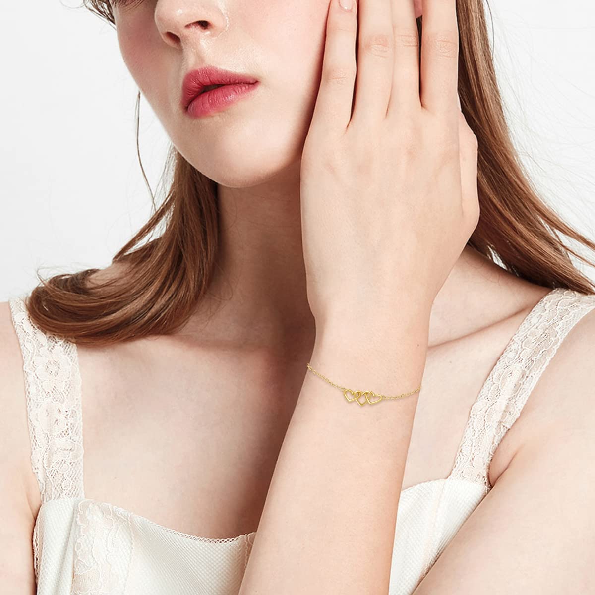 14K Real Gold Heart Beaded Bracelet for Women - Yellow Gold Love Jewelry with Three Hearts, Adjustable 6.5+2 Inch, Perfect Gift for Birthday, Christmas, Anniversary - Ideal for Date Night, Wedding, Special Occasions