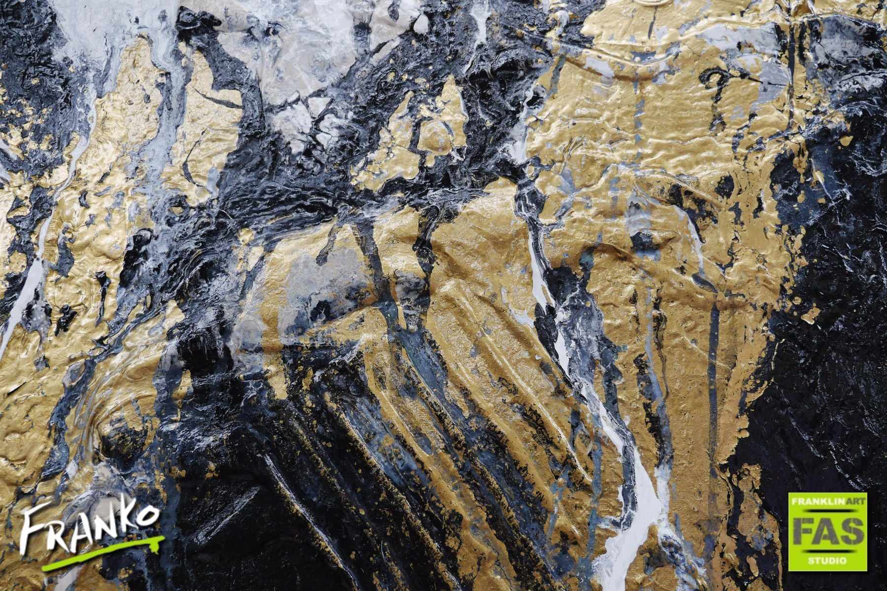 140cm x 100cm Black and Gold Abstract Painting with Metallic Veins - Modern Wall Art for Living Room, Bedroom & Office Decor