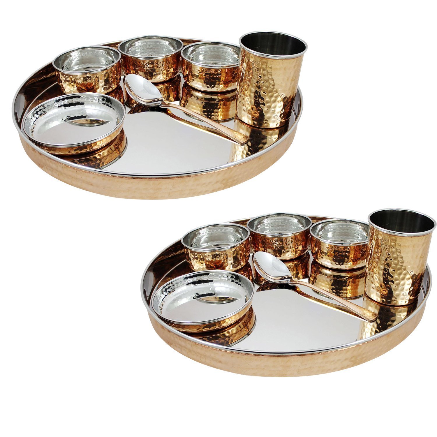 PARIJAT HANDICRAFT 2-Piece Indian Dinnerware Set - Stainless Steel & Copper Traditional Thali Plates with Bowls, Glass & Spoon - 13 Inch Diameter - Perfect for Indian Cuisine, Festivals & Cultural Events