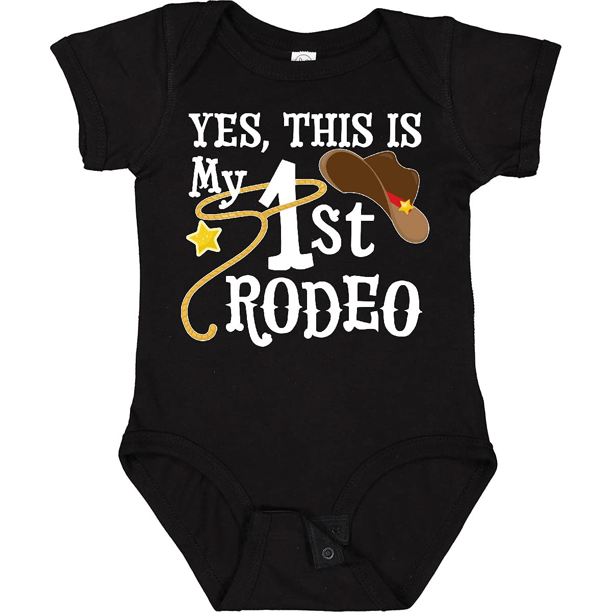 Inktastic 'Yes, This Is My 1st Rodeo' Cowboy Hat with Red Band Baby Bodysuit - Cute Western Outfit for Rodeo, Cowboy Theme Parties & Photo Shoots