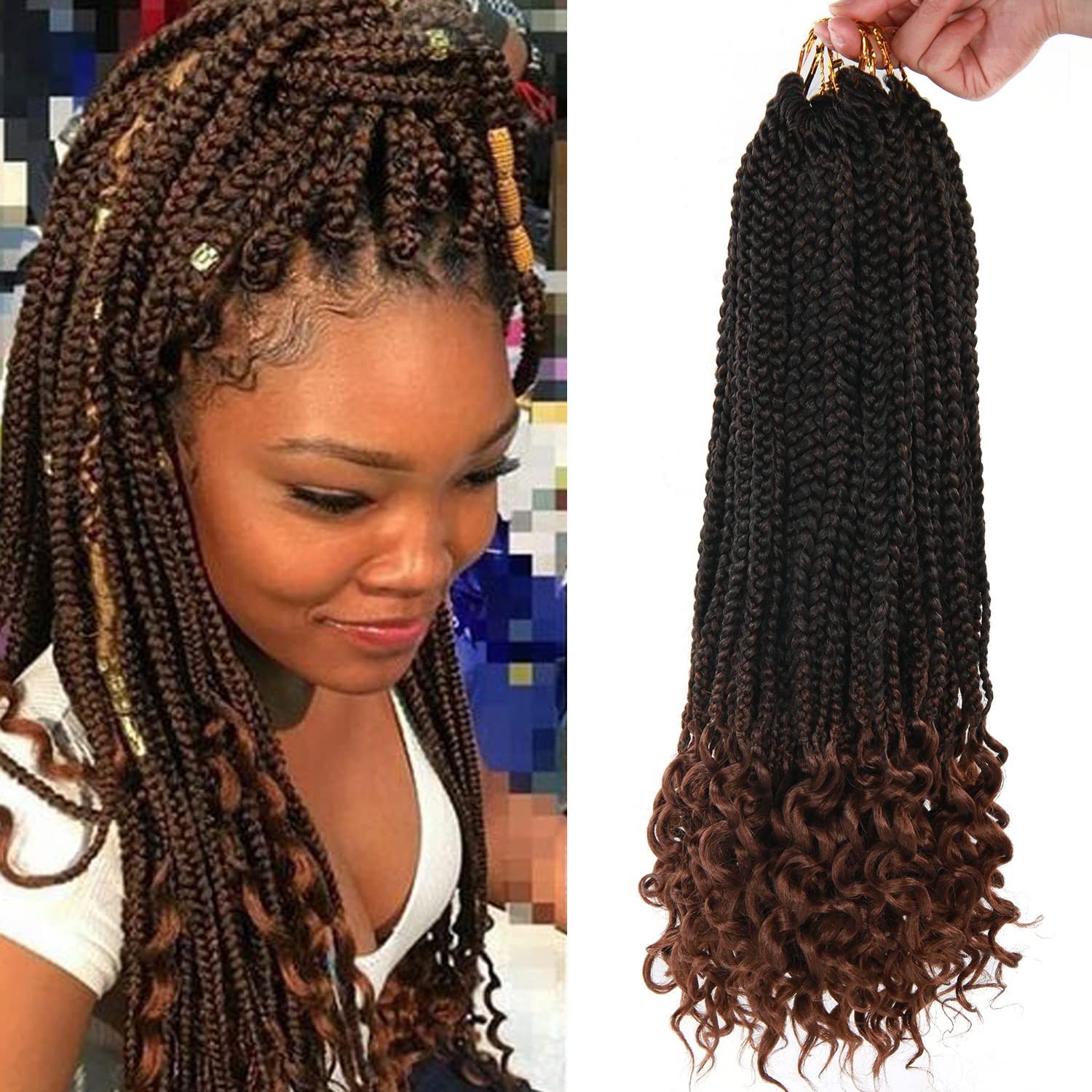 18 Inch 144 Roots Crochet Braiding Hair Extensions with Curly Ends - Ombre Brown Box Braid Synthetic Hair for Women (1B/30 Black & Brown) | Perfect for Protective Styles, Twist Outs & Everyday Wear