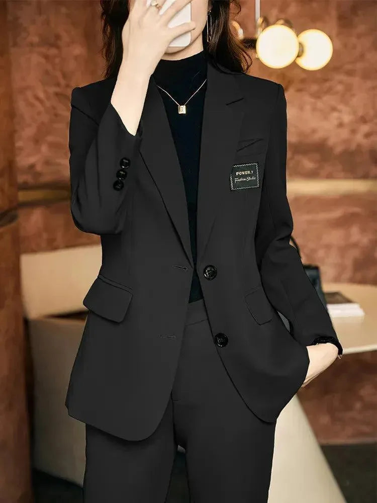 Elegant Women's Pant Suit with Embroidered Chest Badge - Professional Office Wear & Formal Business Attire for Women