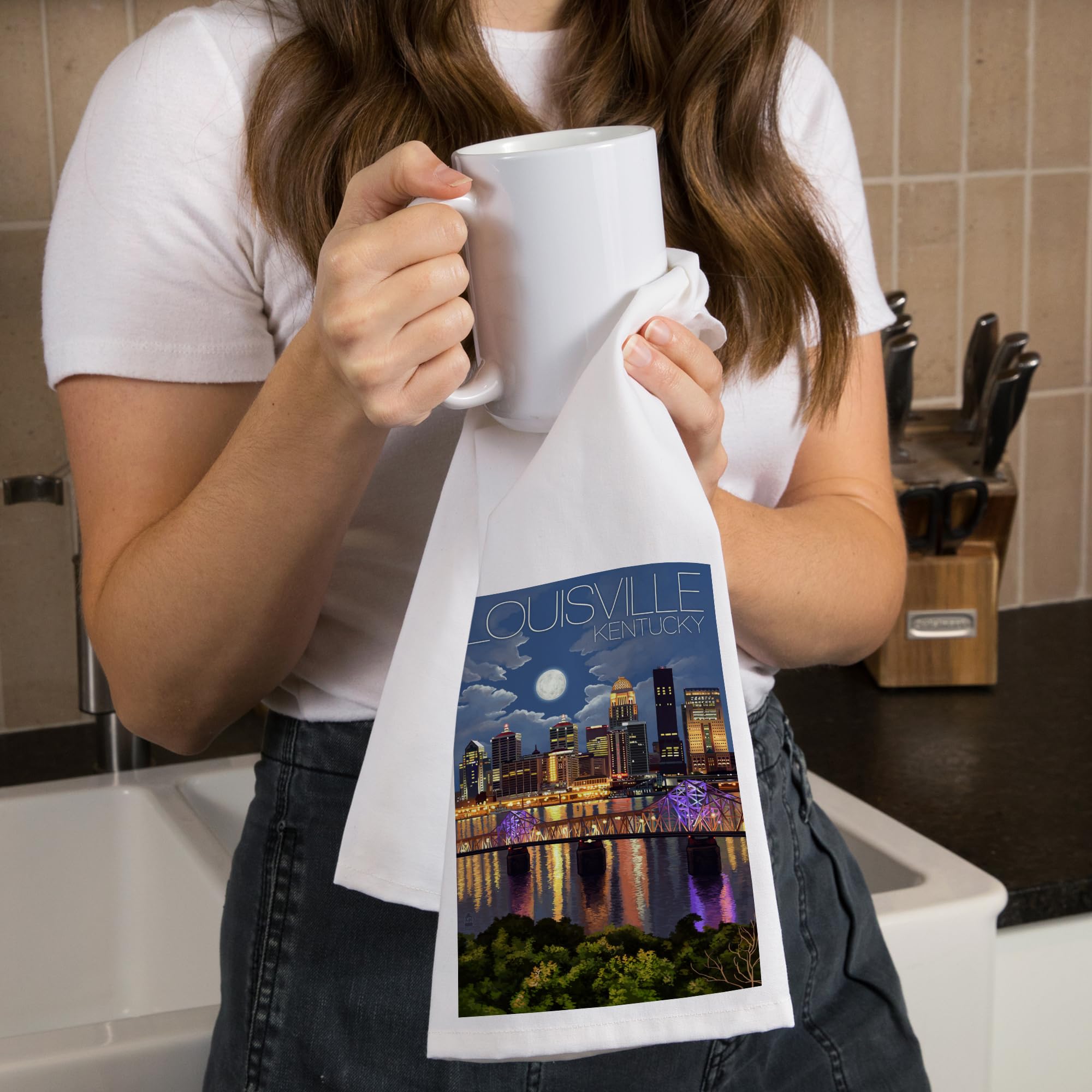 Lantern Press Louisville Kentucky Skyline at Night - 100% Cotton Tea Towel, Decorative Hand Towel for Kitchen & Home Decor - Perfect for Gifts, Dish Drying & Wall Art Display