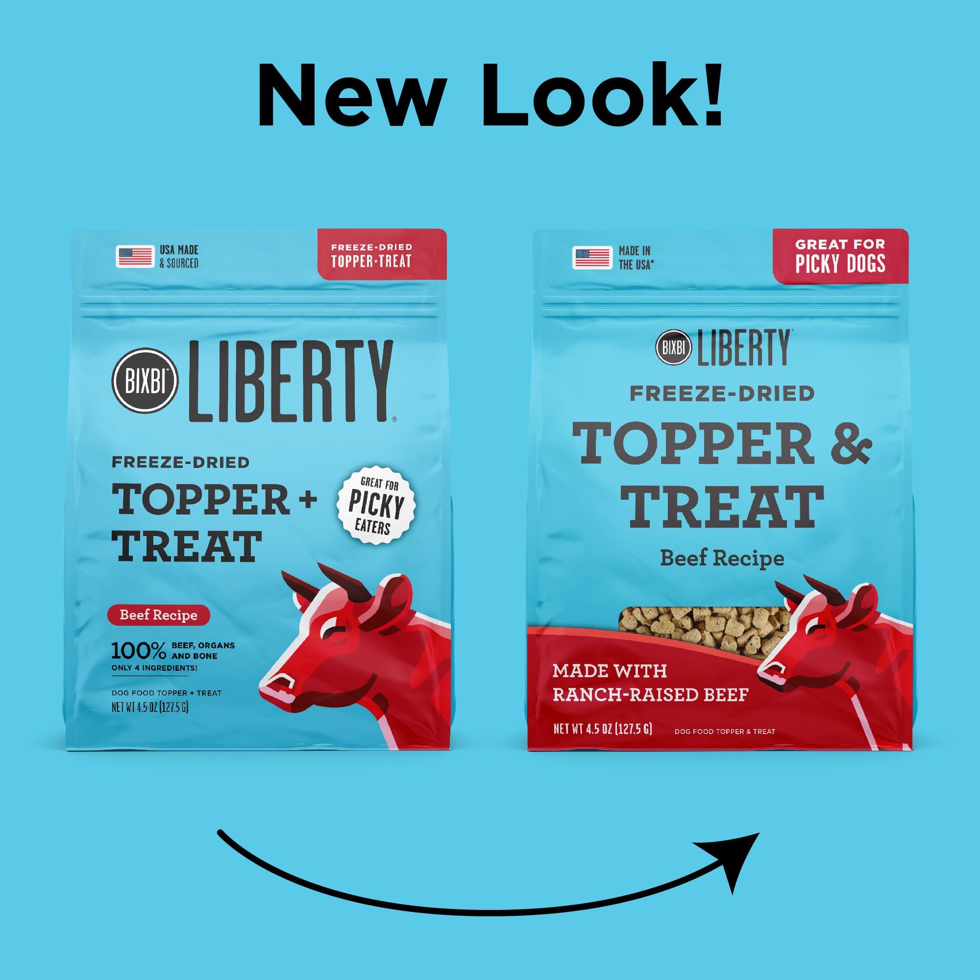 BIXBI Liberty Freeze Dried Dog Food Topper & Treats - High Protein Beef Recipe (4.5 oz) | 98% Meat & Organs | Grain-Free, No Fillers | Raw Dog Food Supplement | Made in USA | Perfect for Training, Mealtime Topping & Travel Snacks