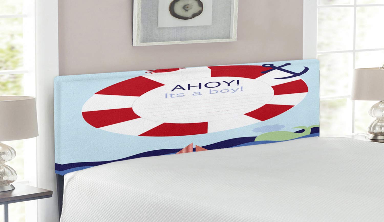Ambesonne Ahoy It's a Boy Nautical Headboard - Queen Size Upholstered Metal Bed Frame with Memory Foam, Funny Sea Animals Design for Baby Boy Nursery & Coastal Themed Bedroom Decor