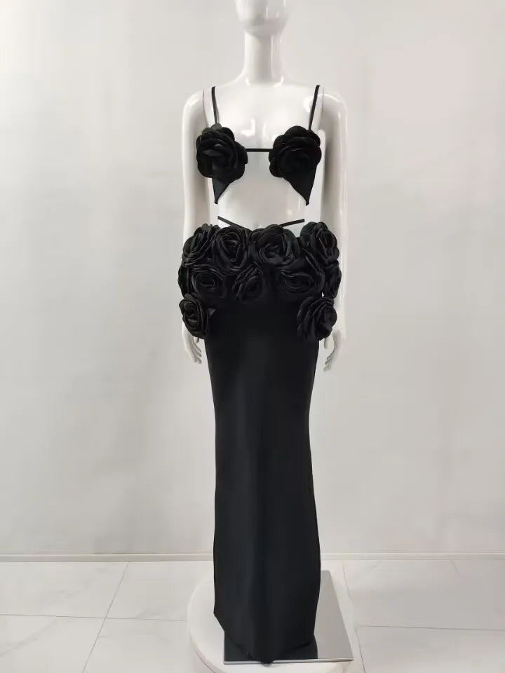 Black & White Sexy Sleeveless V-Neck Bodycon Bandage Dress 2-Piece Set - Floral Print Long Dress for Women | Perfect for Nightclub, Party & Evening Celebrations