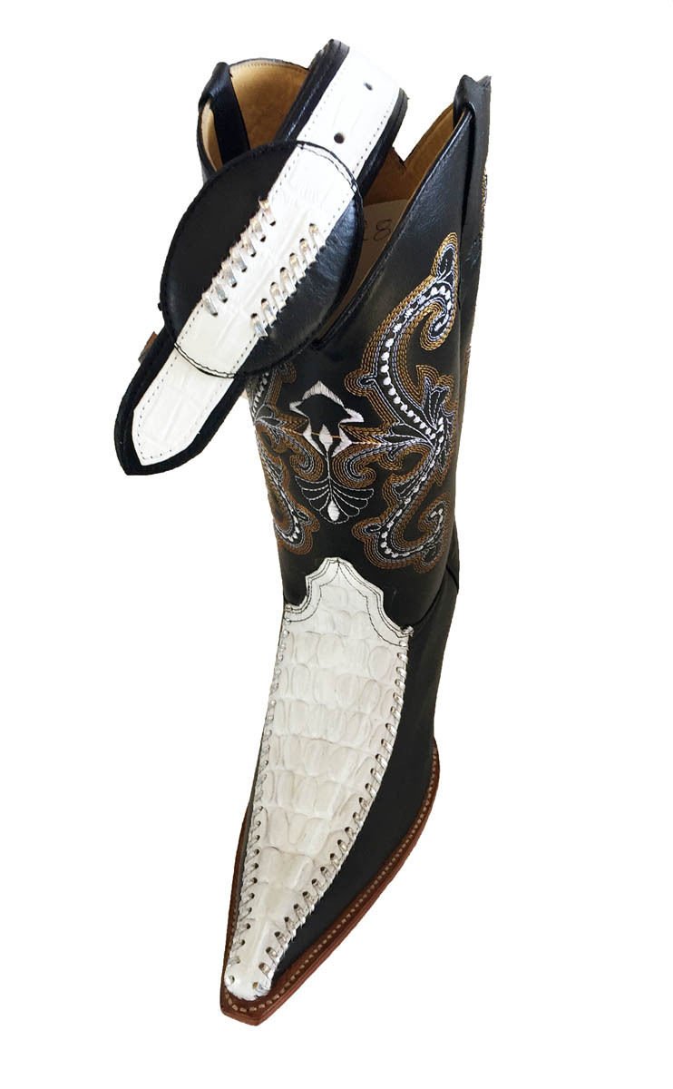 Dona Michi Men's Western Cowboy Leather Boots - Black/White Crocodile Print - Comfortable & Stylish for Rodeo, Country Music Festivals & Western Fashion
