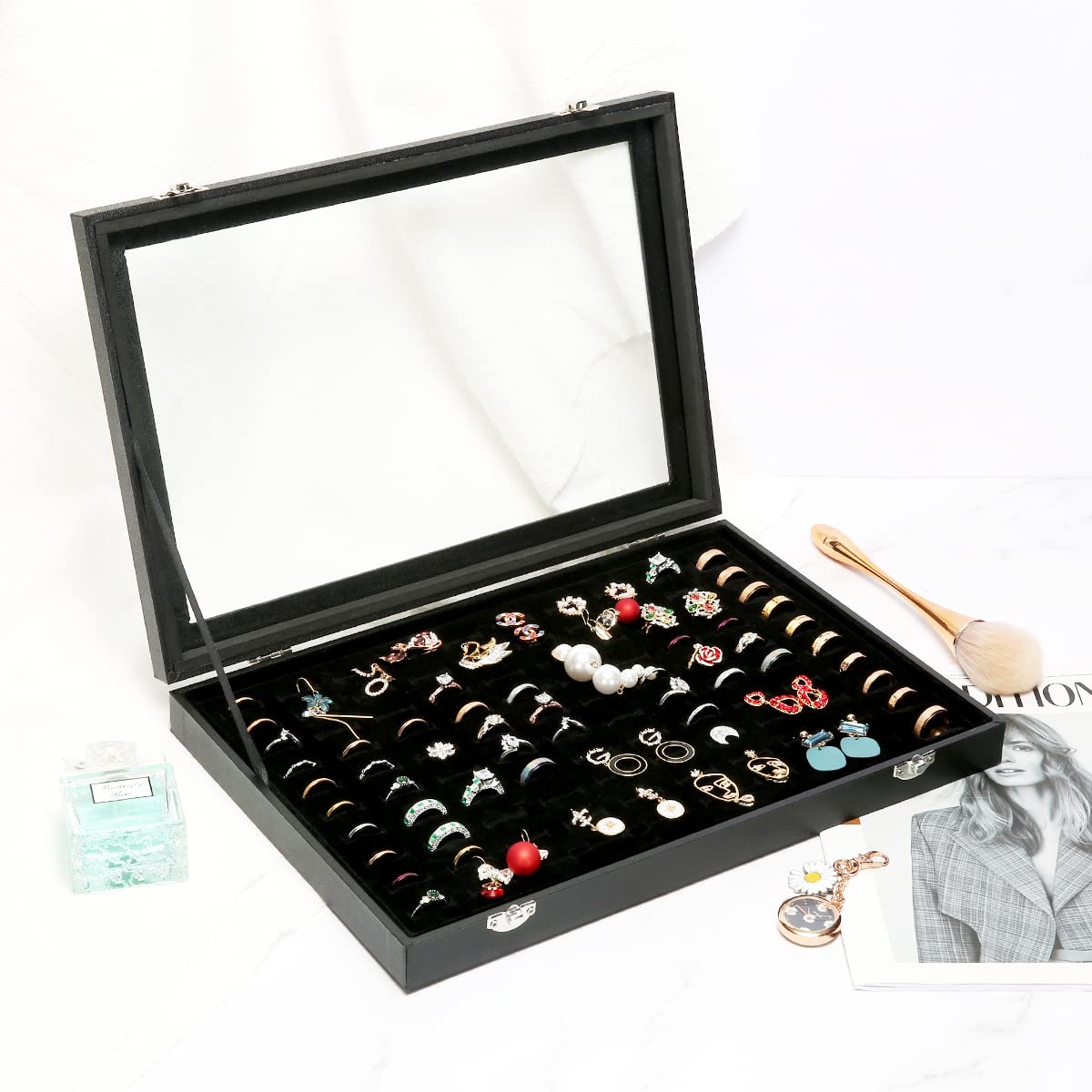 100-Slot Ring Box Organizer - Transparent Lid Jewelry Display Case for Rings & Earrings | Perfect for Wedding, Engagement, Jewelry Store & Home Organization