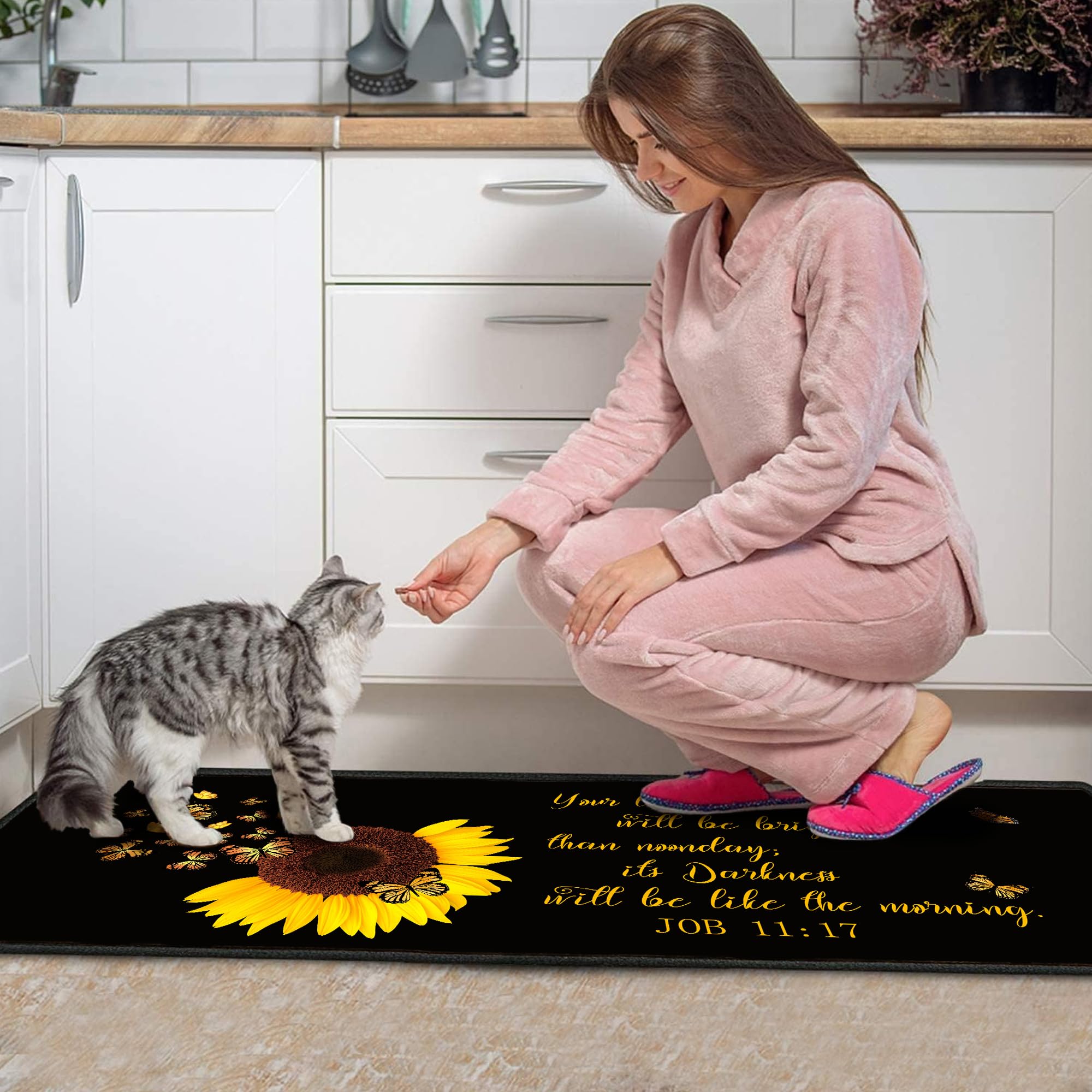 Sunflower Bible Verse Kitchen Rugs Set - Waterproof Washable Mats for Sink & Floor Decor