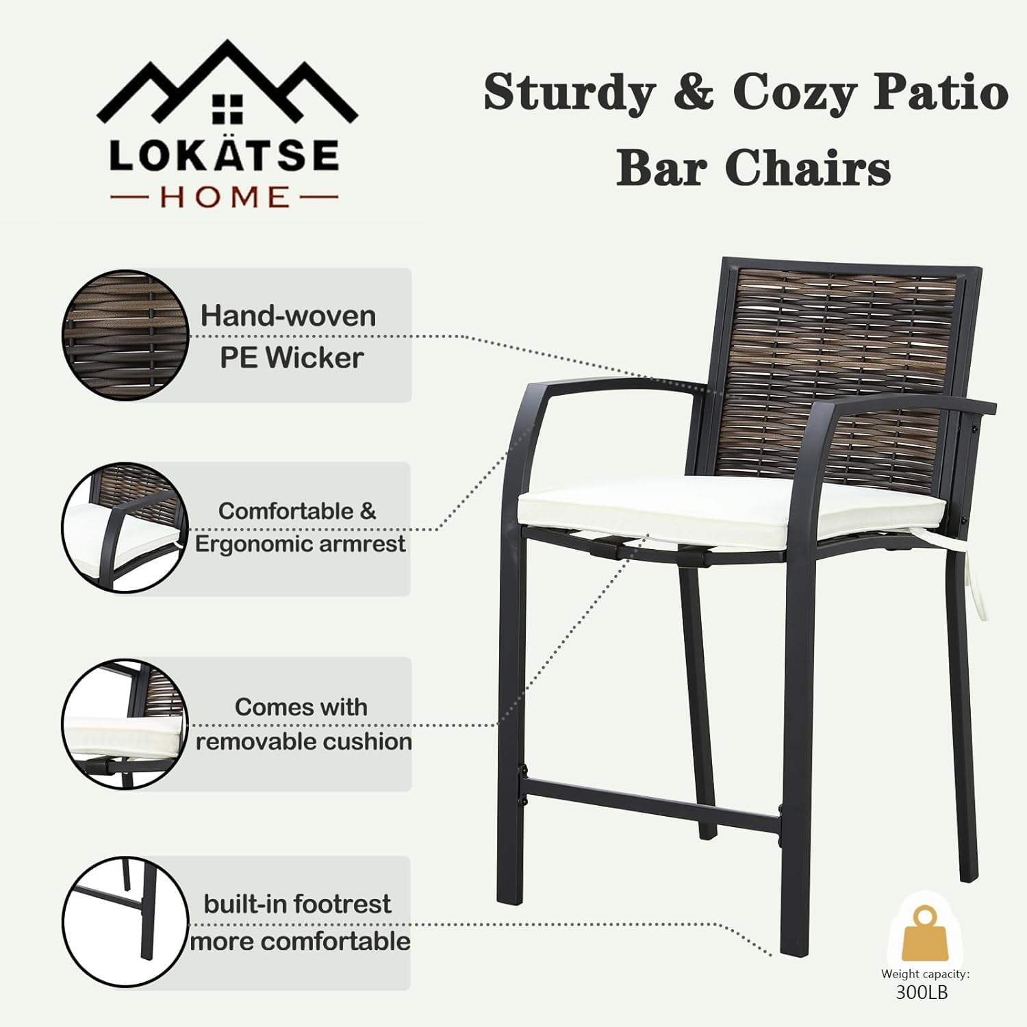 LOKATSE HOME 6-Piece Counter Height Bar Stool Set with Armrests - Beige Patio Chairs for Garden, Pool, Lawn & Backyard - Perfect for Outdoor Dining, Entertaining & Relaxation