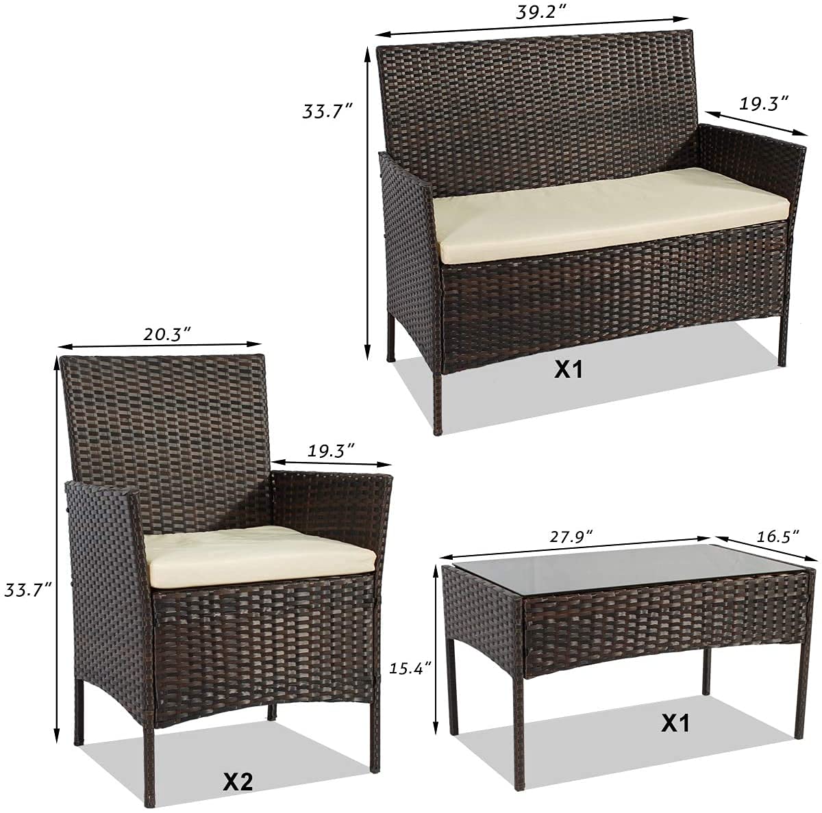 4-Piece Outdoor Patio Rattan Furniture Set with Cushions - Weather-Resistant Wicker Conversation Set for Balcony, Garden, or Indoor Use - Includes Coffee Table & Chairs for Relaxing & Entertaining