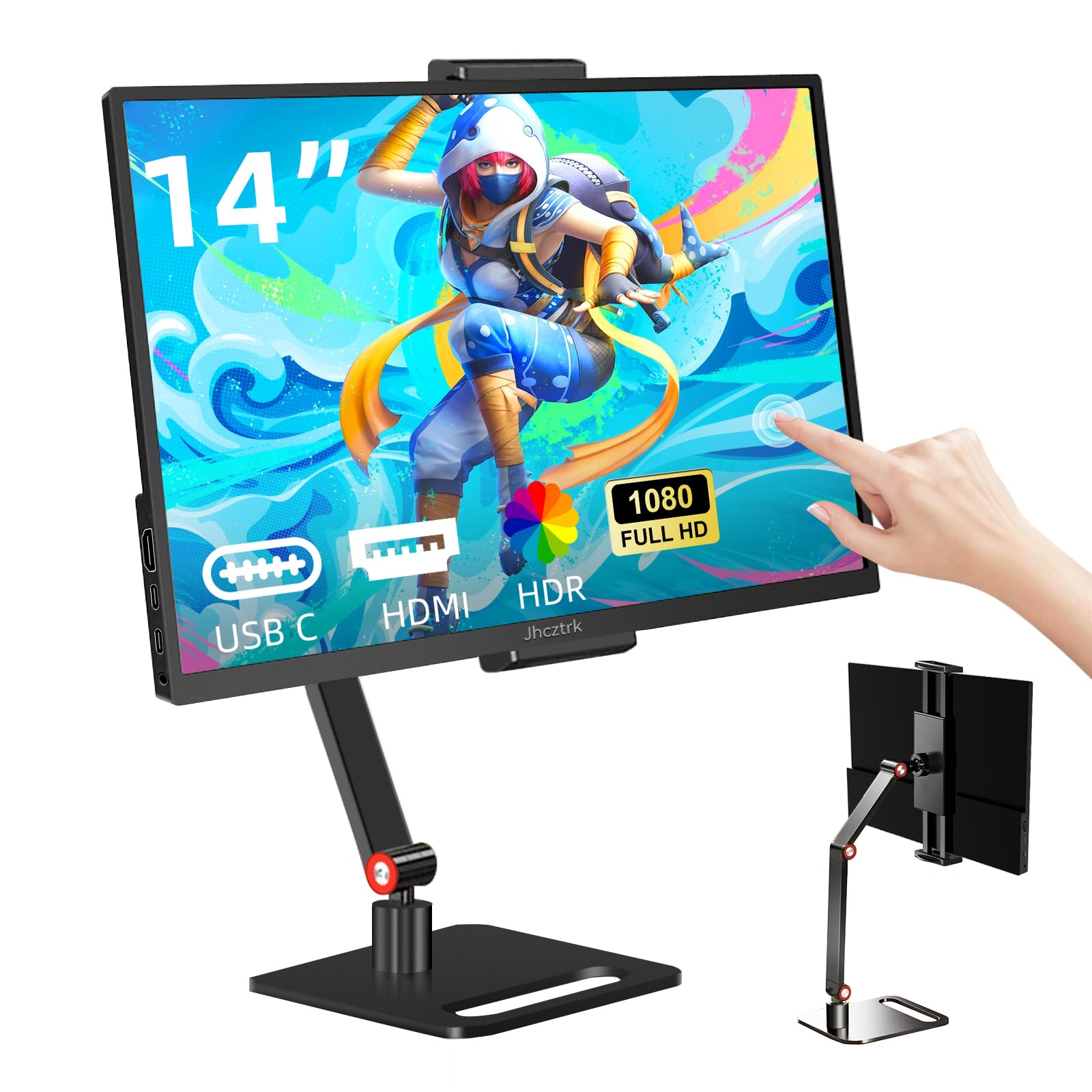 14 Inch Portable Touchscreen Monitor - 1200P FHD IPS HDR Gaming Display, Ultra Slim Bezel-Less Design with Built-in Speakers, VESA Mount Compatible for Laptop, Mac, PC, Xbox, PS5, Nintendo Switch - Perfect for Travel, Work & Gaming