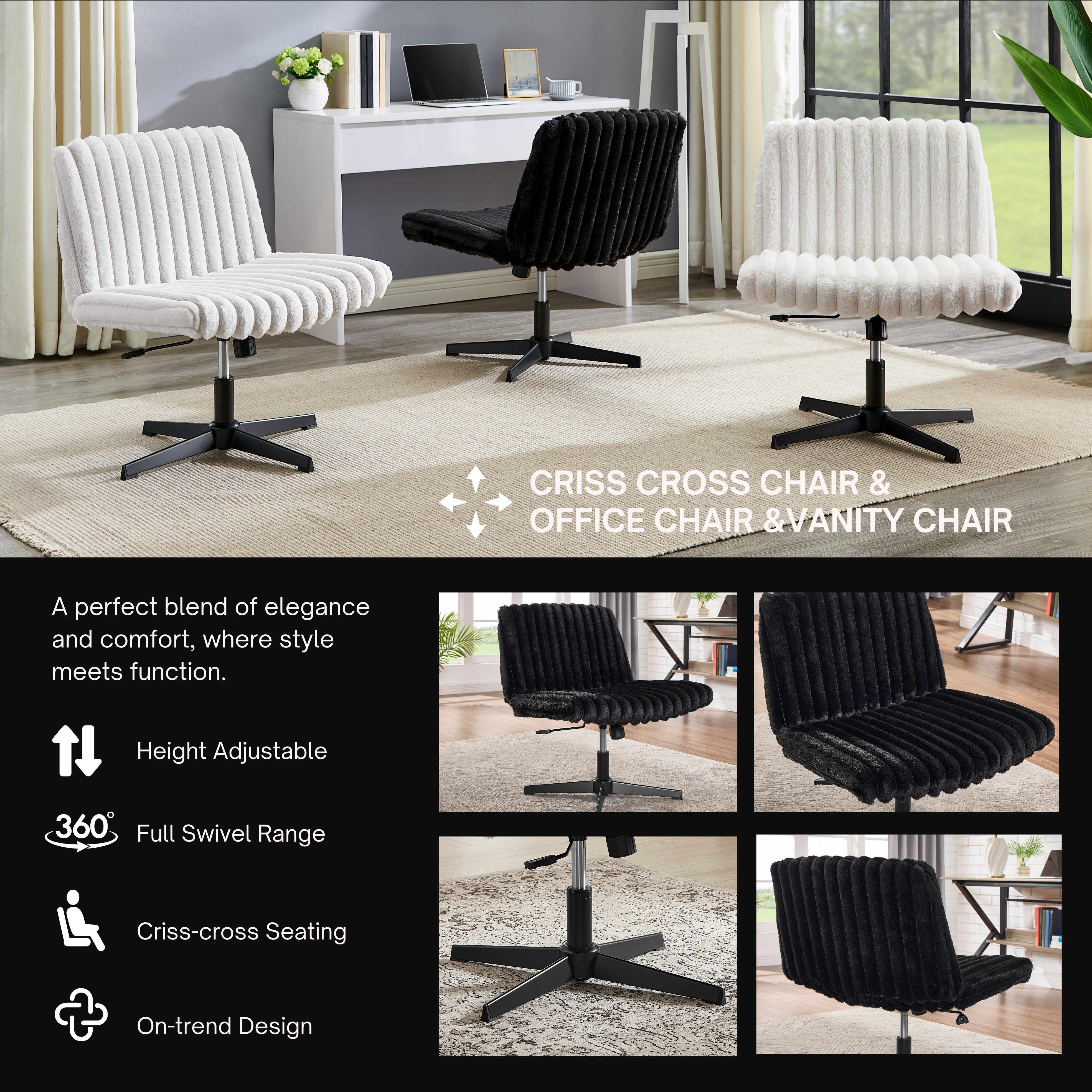 Roundhill Blynn Adjustable Swivel Criss Cross Chair - Wide Seat Ergonomic Office Chair with Lumbar Support, Vanity Makeup Chair for Home & Office Workspace, Study Desk, Dressing Table and Beauty Salon