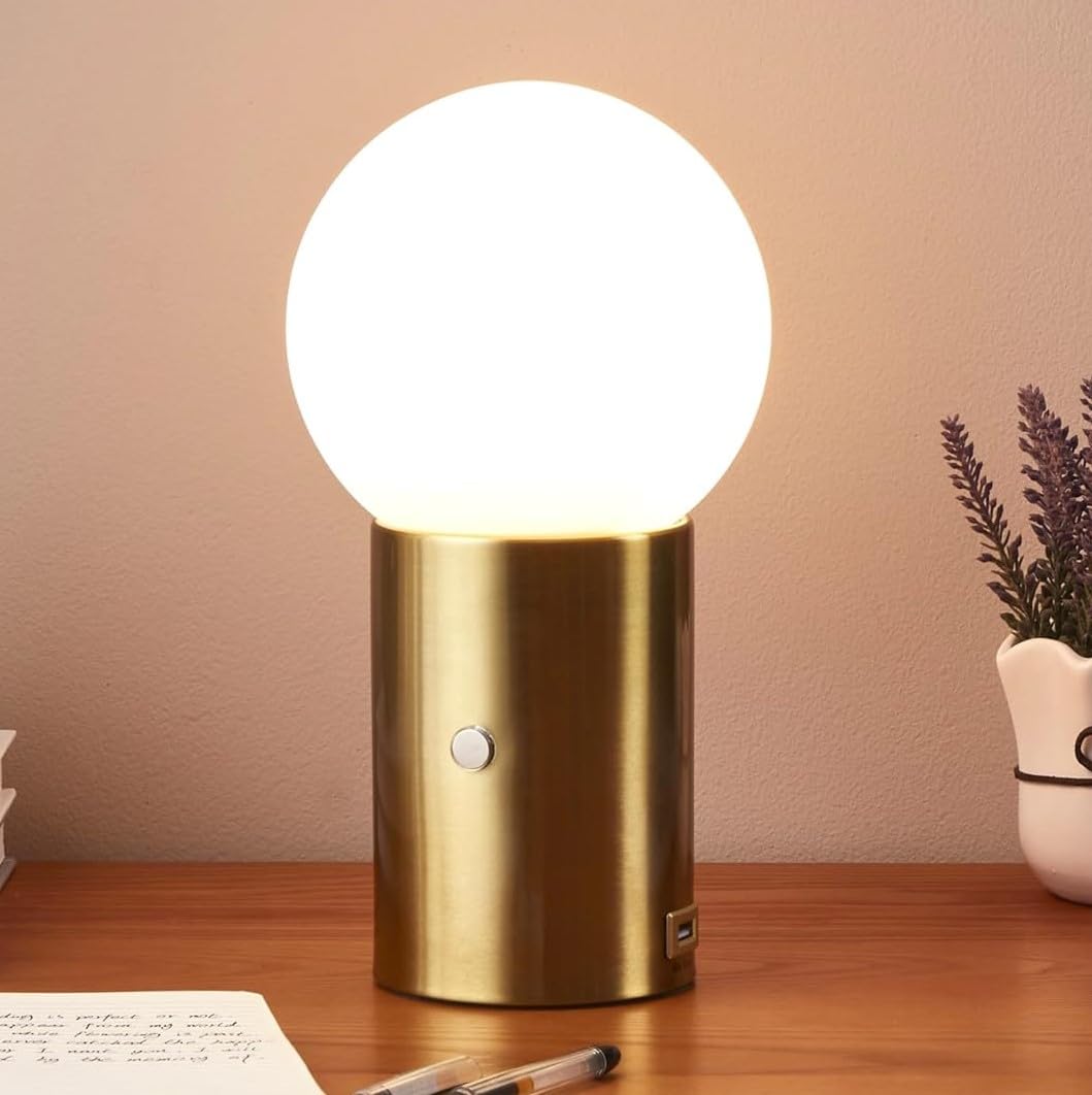 Brightech Kai LED Table Lamp with USB Port - Modern Desk Lamp for Bedroom, Living Room & Office - Adjustable Brightness, Brass Finish - Perfect for Reading, Working & Ambient Lighting