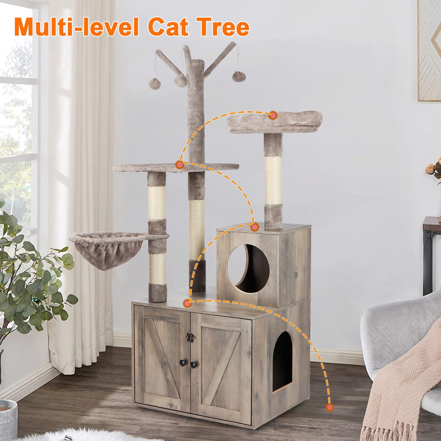 2-in-1 Modern Grey Cat Tree Tower with Hidden Litter Box Enclosure & Scratching Post - Multi-Level Cat Condo Furniture for Small Spaces & Home Decor