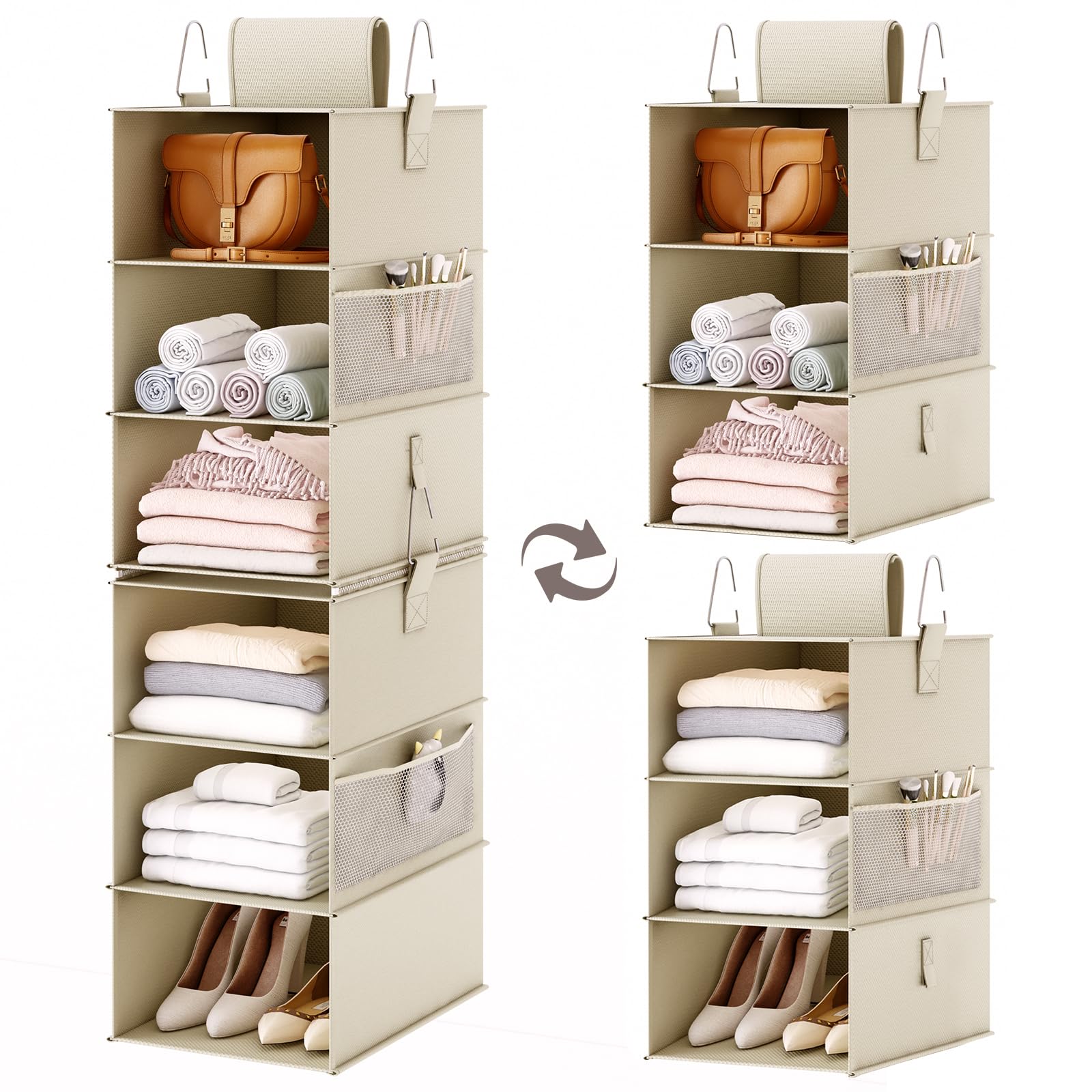 Fixwal 2-Pack 3-Shelf Hanging Closet Organizer | 6-Shelf Separable Storage Shelves | Collapsible Space-Saving Solution for Bedroom, Dorm, Pantry & RV | Beige | Perfect for College, Camping & Small Space Organization
