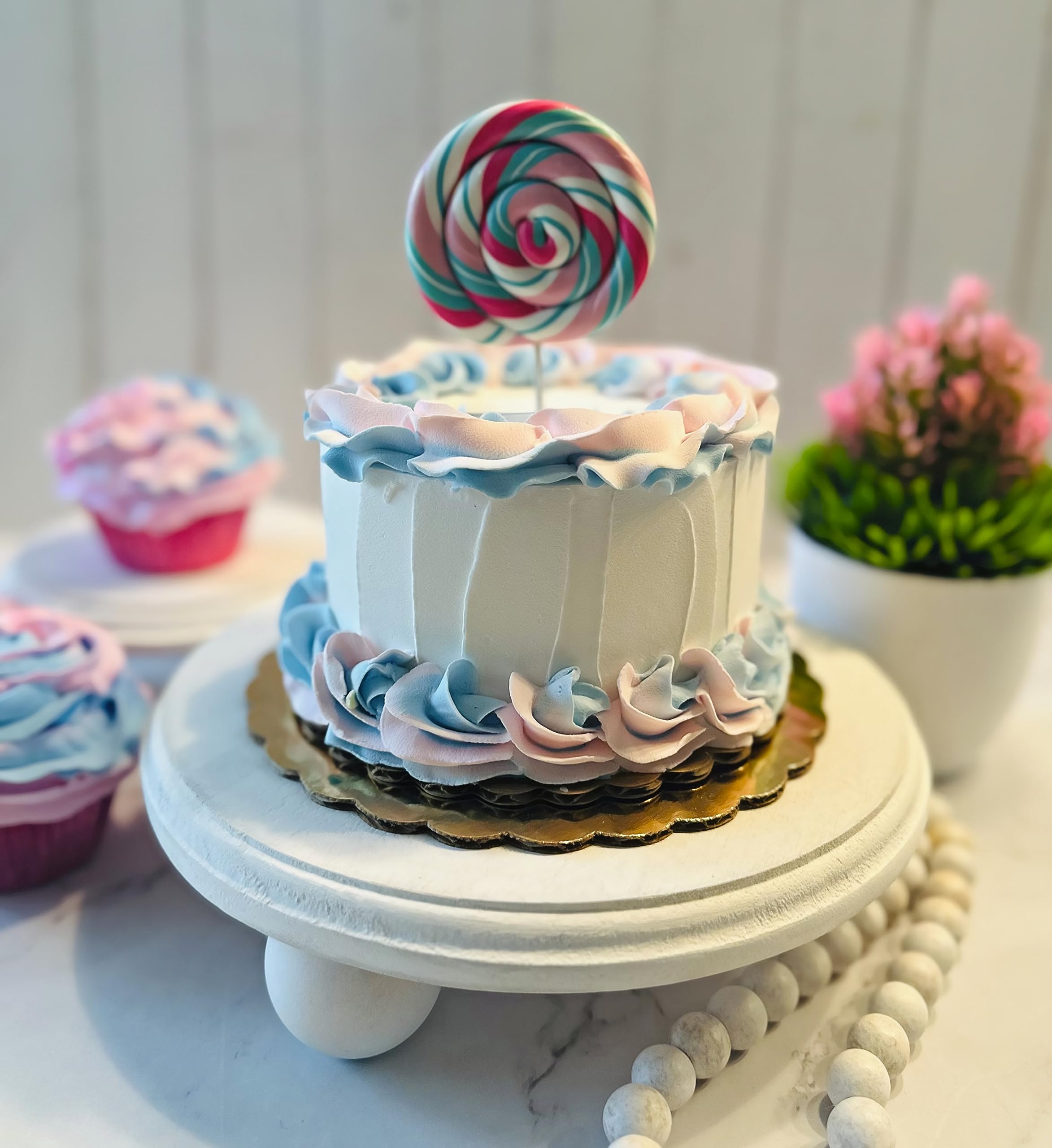 Dezicakes Handmade Fake Cake - Realistic White, Pink & Blue Lollipop Artificial Cake for Party Decorations, Wedding Centerpieces & Photo Props