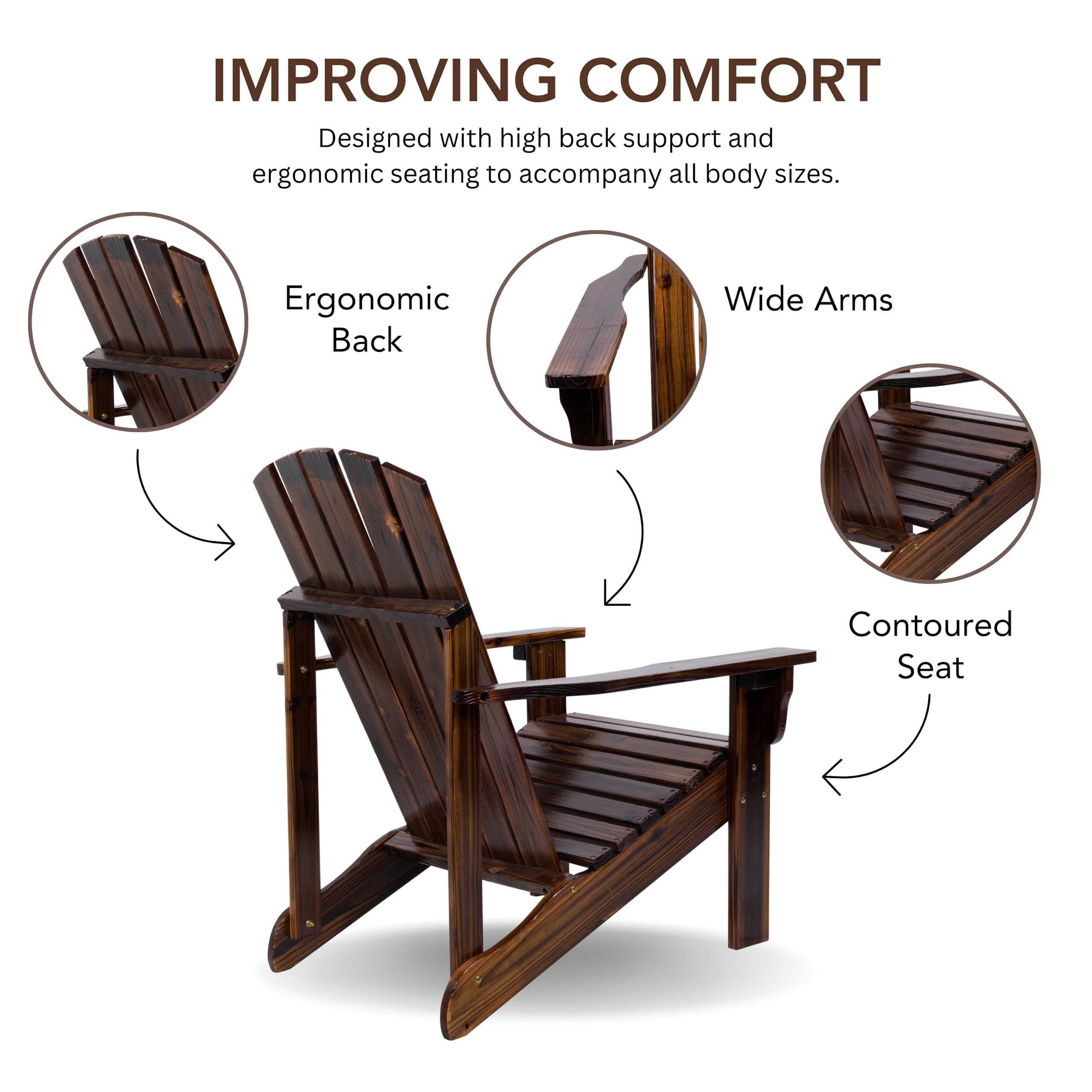 Shine Company Mid-Century Modern Wooden Adirondack Chair - Outdoor Patio Fire Pit Lounge Chair with Pre-Assembled Back & Seat in Burnt Brown - Perfect for Backyard, Garden, Poolside & Camping Relaxation