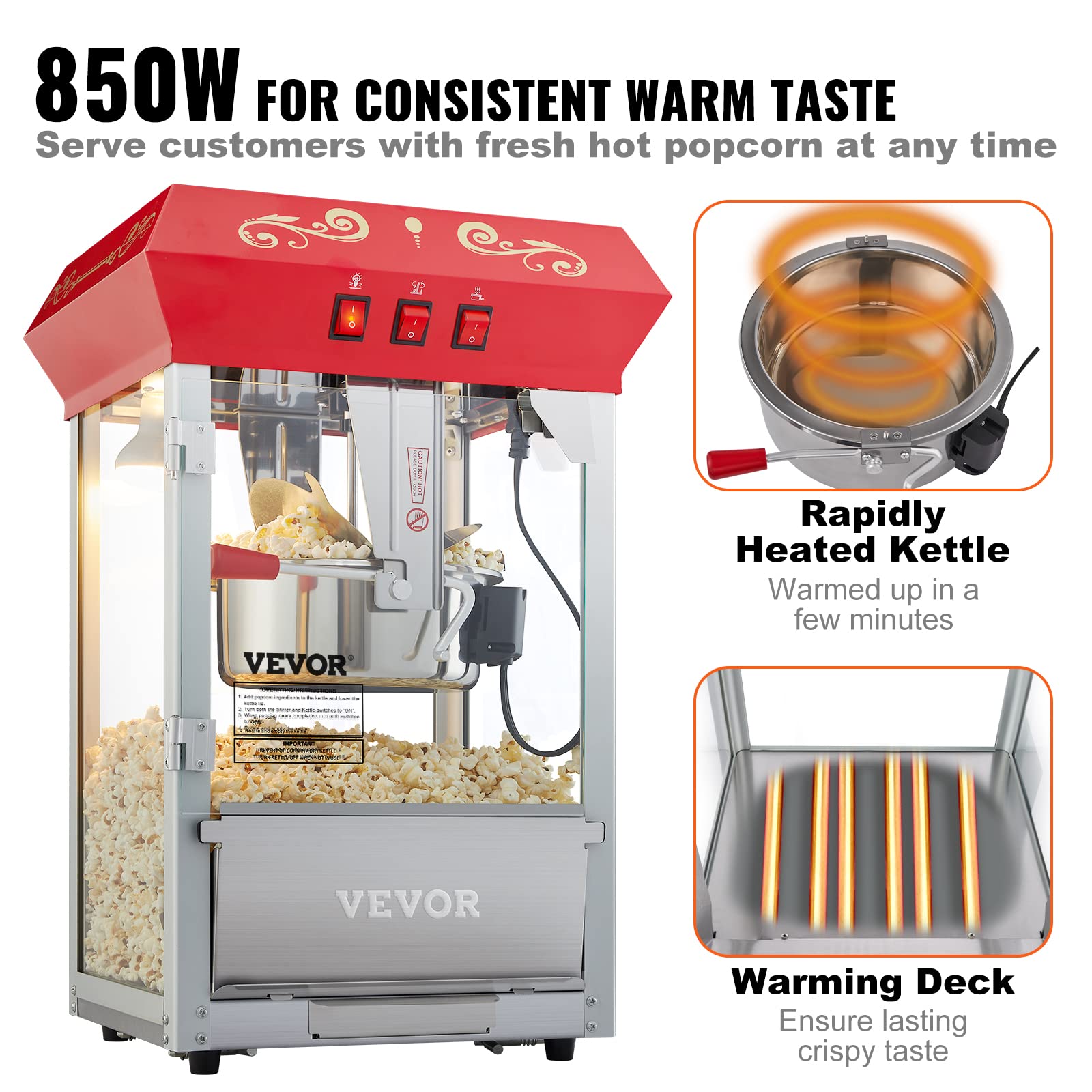 VEVOR 8 Oz Commercial Popcorn Machine - 850W Countertop Popcorn Popper Makes 48 Cups per Batch, Theater Style with 3-Switch Control, Steel Frame & Tempered Glass - Perfect for Movie Nights, Parties, and Concessions (Includes 2 Scoops & 2 Spoons, Red)