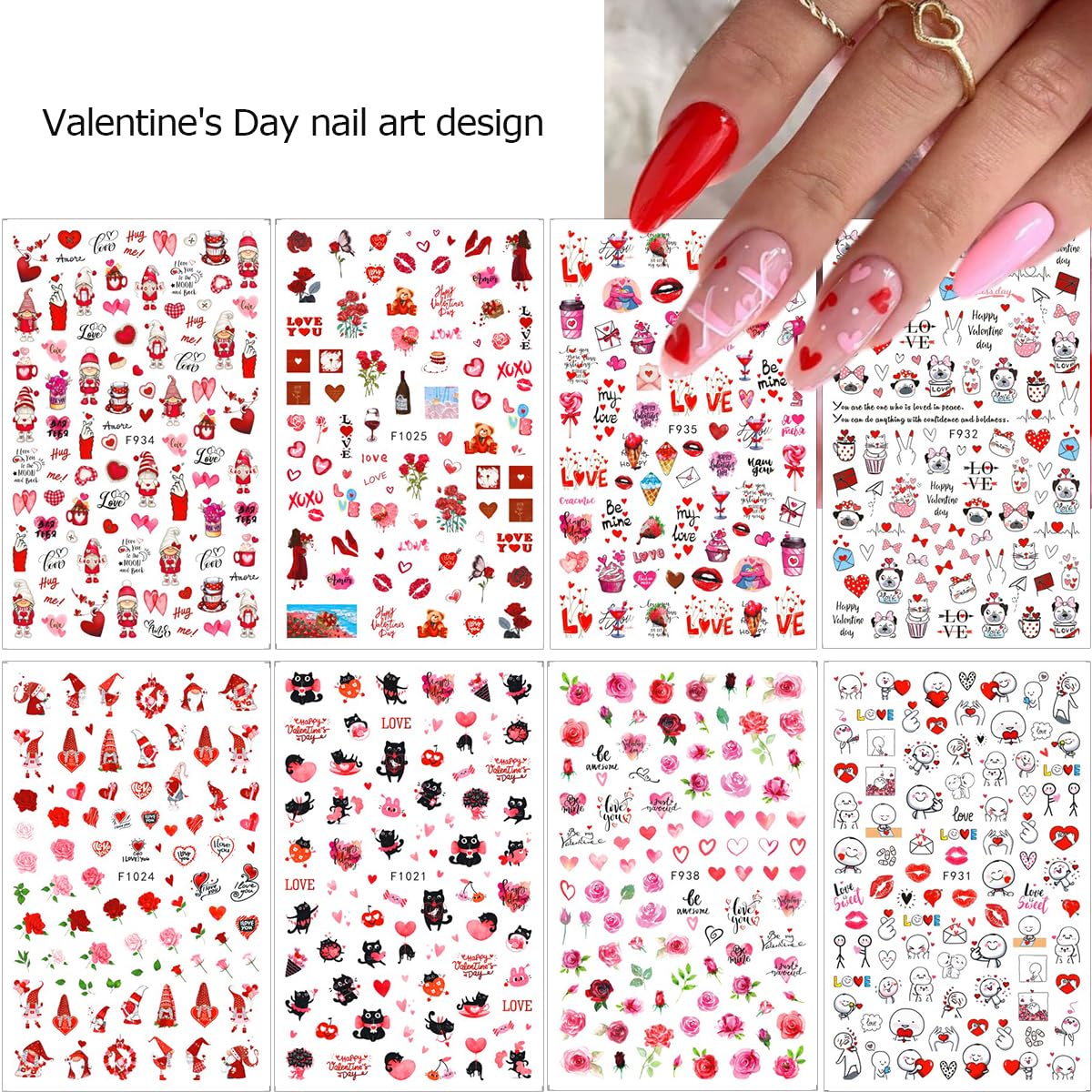 Valentine's Day 3D Heart Nail Stickers - 8 Sheets Self-Adhesive Nail Art Decals with Red Pink Rose & Sexy Lips Design for DIY Manicure | Perfect for Women's Nail Decoration, Date Night, Bridal Shower & Party Nails