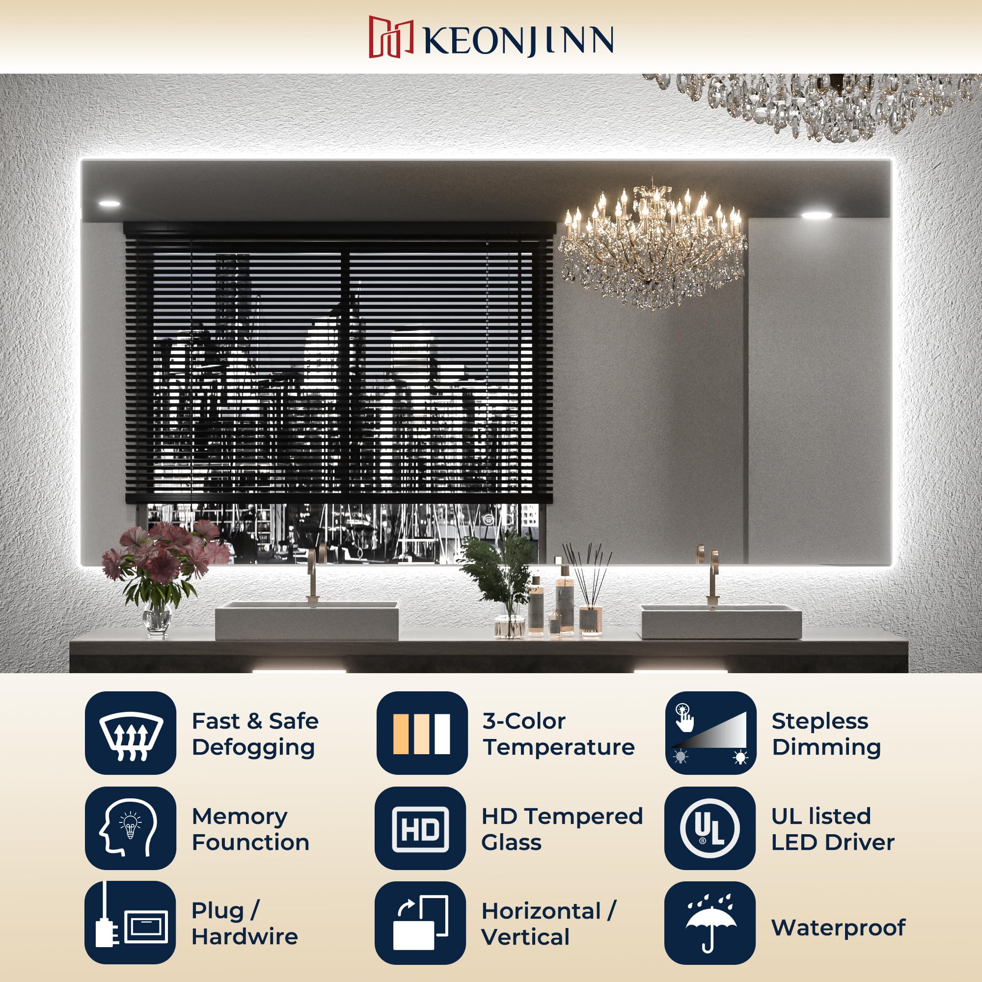 Keonjinn 84 x 32 Inch LED Bathroom Mirror with Dimmable Backlight - 3 Color Temperatures, Shatterproof Tempered Glass, Anti-Fog & UL Certified - Perfect for Vanity, Makeup, Shaving & Spa Style Bathrooms