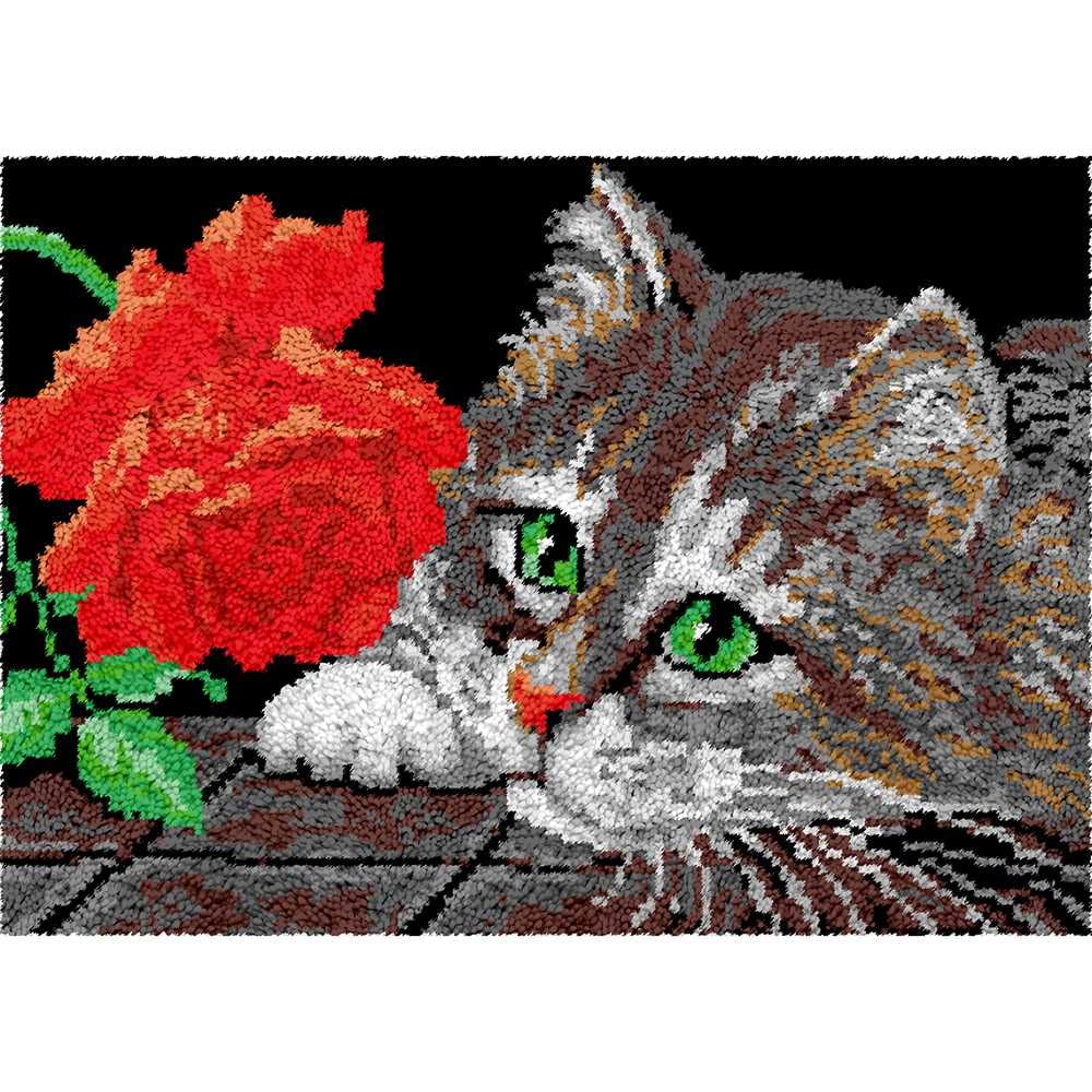 DIY Rose Flower Crochet Yarn Kit - Latch Hook Rug Making Supplies for Adults - Unfinished Needlework Embroidery Pillowcase Craft Set - Perfect Handmade Gift for Kids & Parents - Home Decor, Wall Art, Bedroom Accent