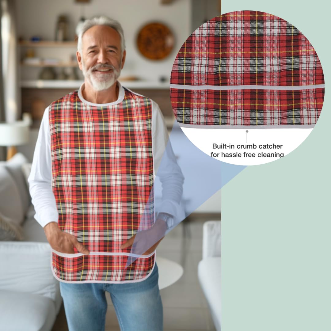 Modaliv Adult Bib for Eating - Waterproof Clothes Protector with Crumb Catcher Pocket - Reusable Bibs for Elderly, Disabled Men & Women - Ideal for Mealtime, Dining Out & Assisted Living Care