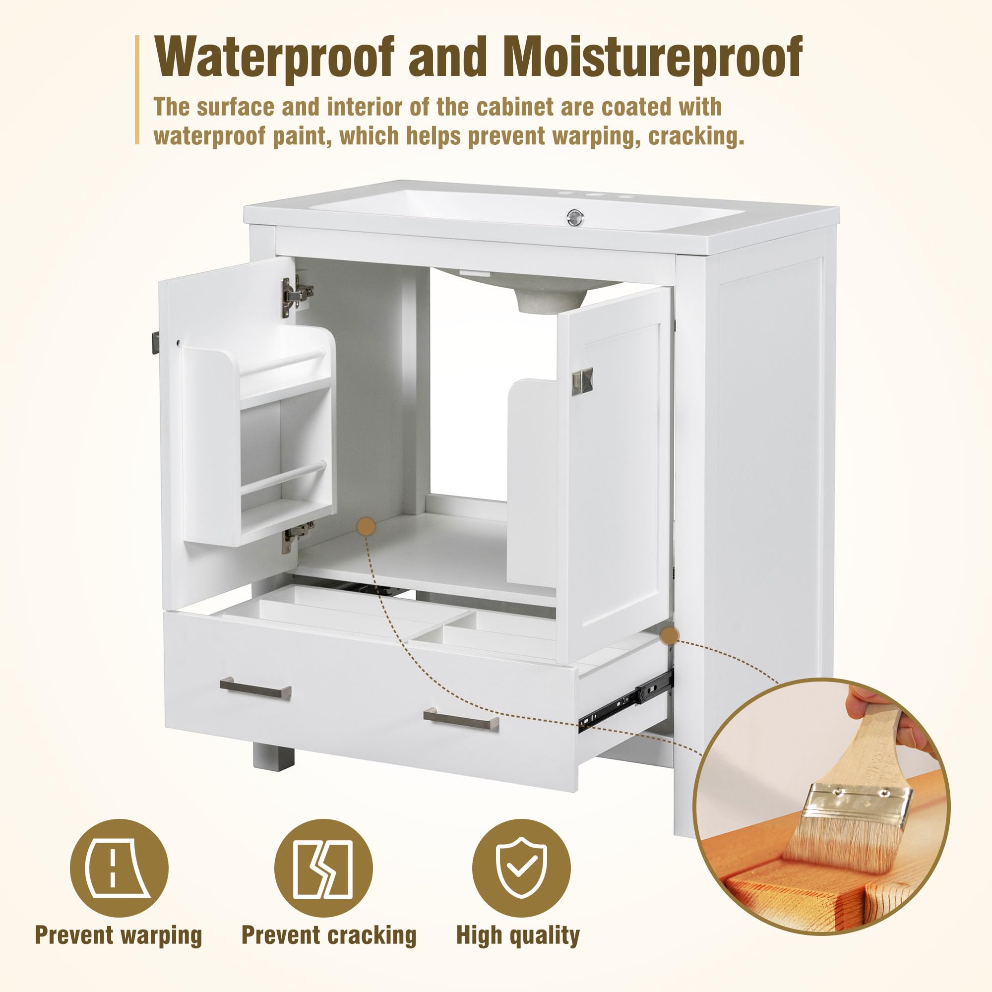 30 Inch White Bathroom Vanity with Sink - 2 Door Storage Cabinet & Drawer, Multifunctional Bathroom Organizer (30